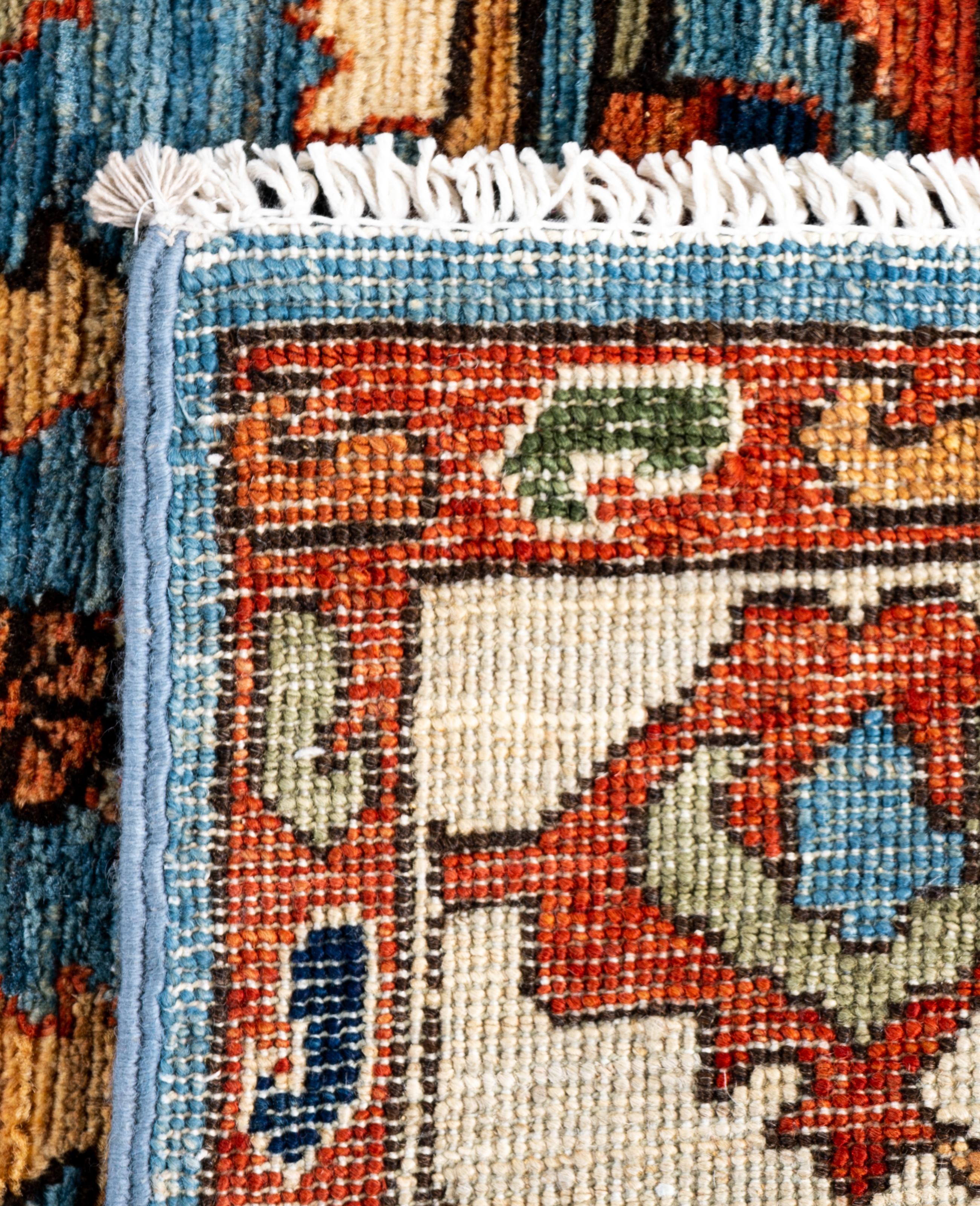 Tapis traditionnel tribal Serapi bleu clair noué à la main 2' 7