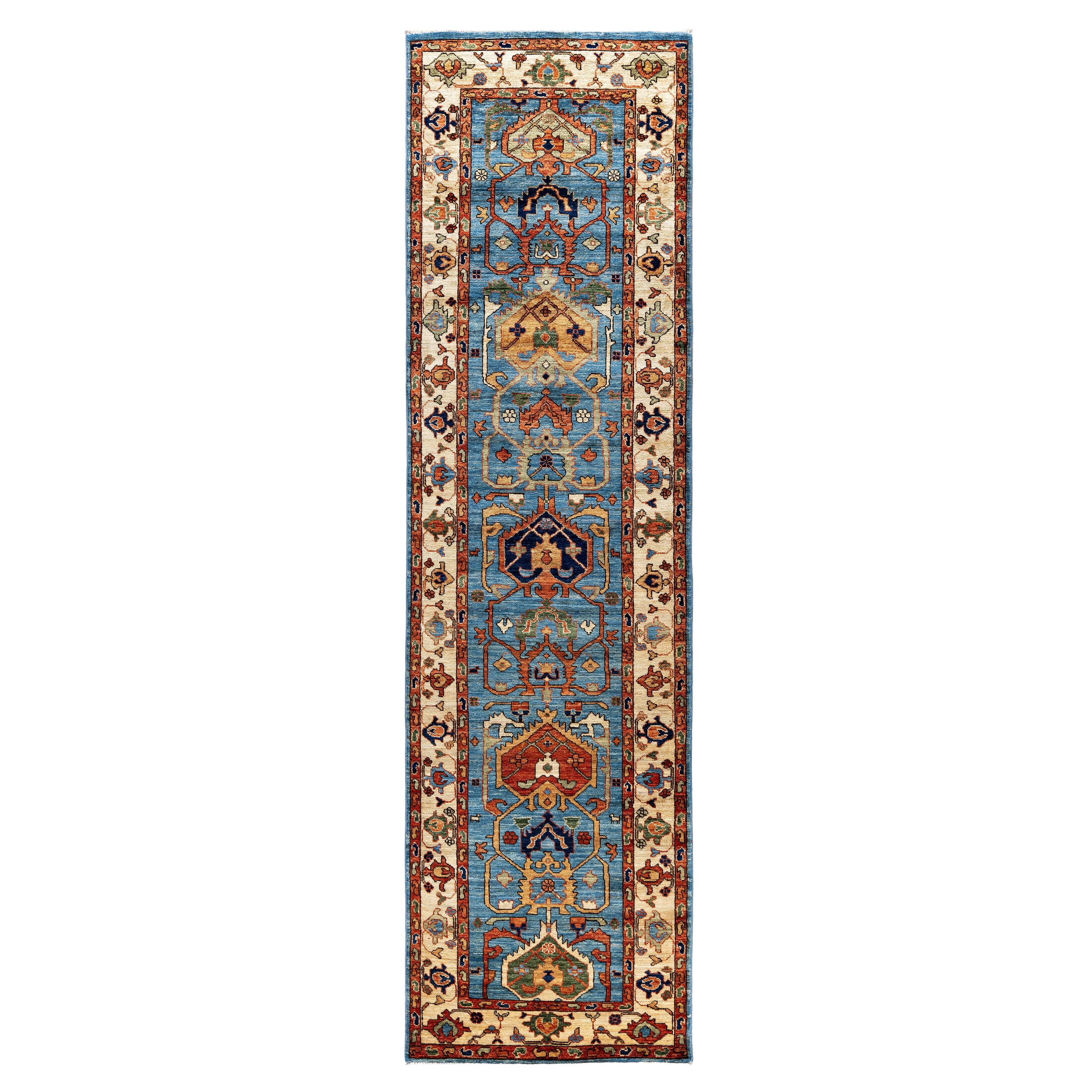 Tapis traditionnel tribal Serapi bleu clair noué à la main 2' 7" x 9' 11"