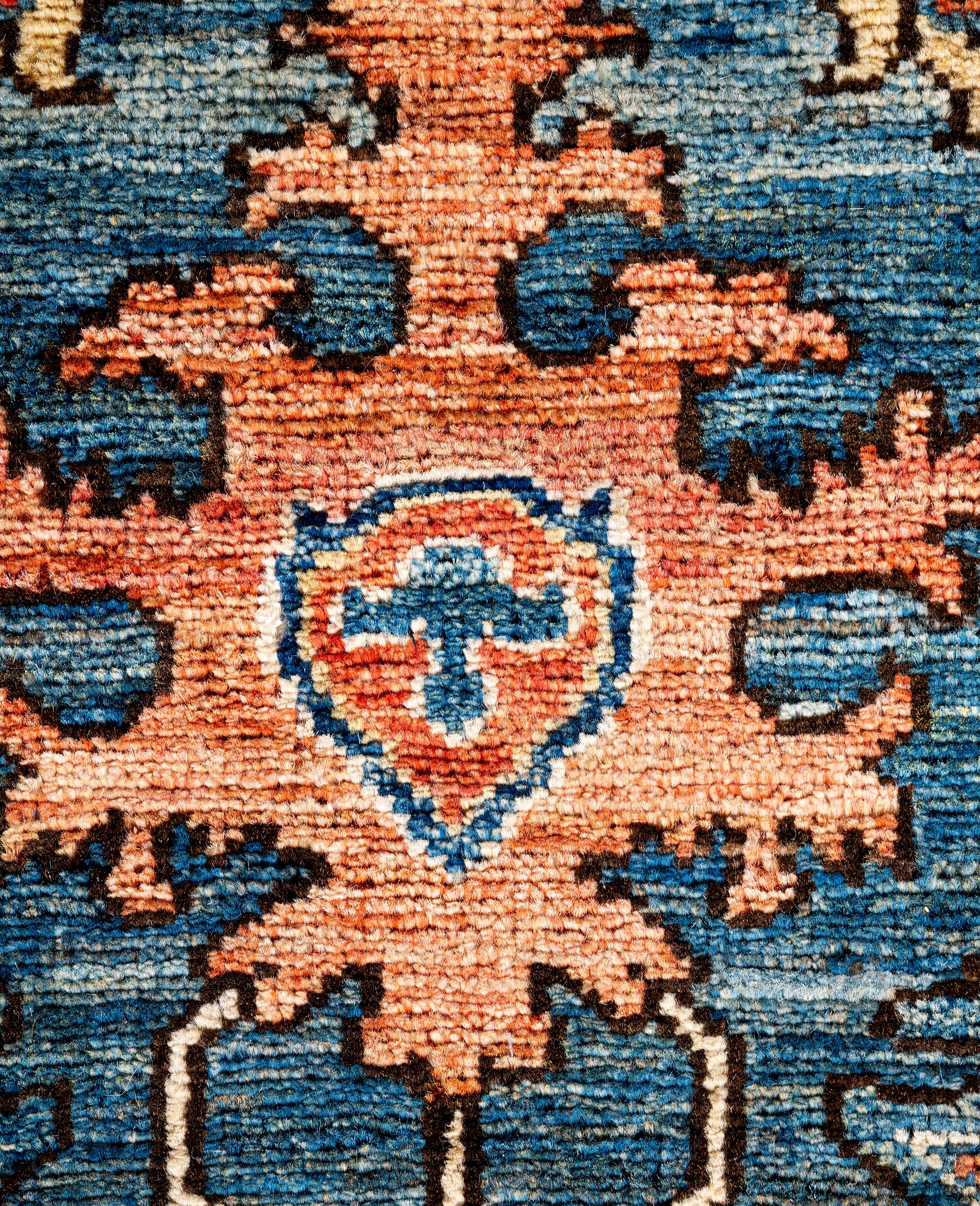 Pakistanais Tapis traditionnel tribal Serapi bleu clair noué à la main 2' 7