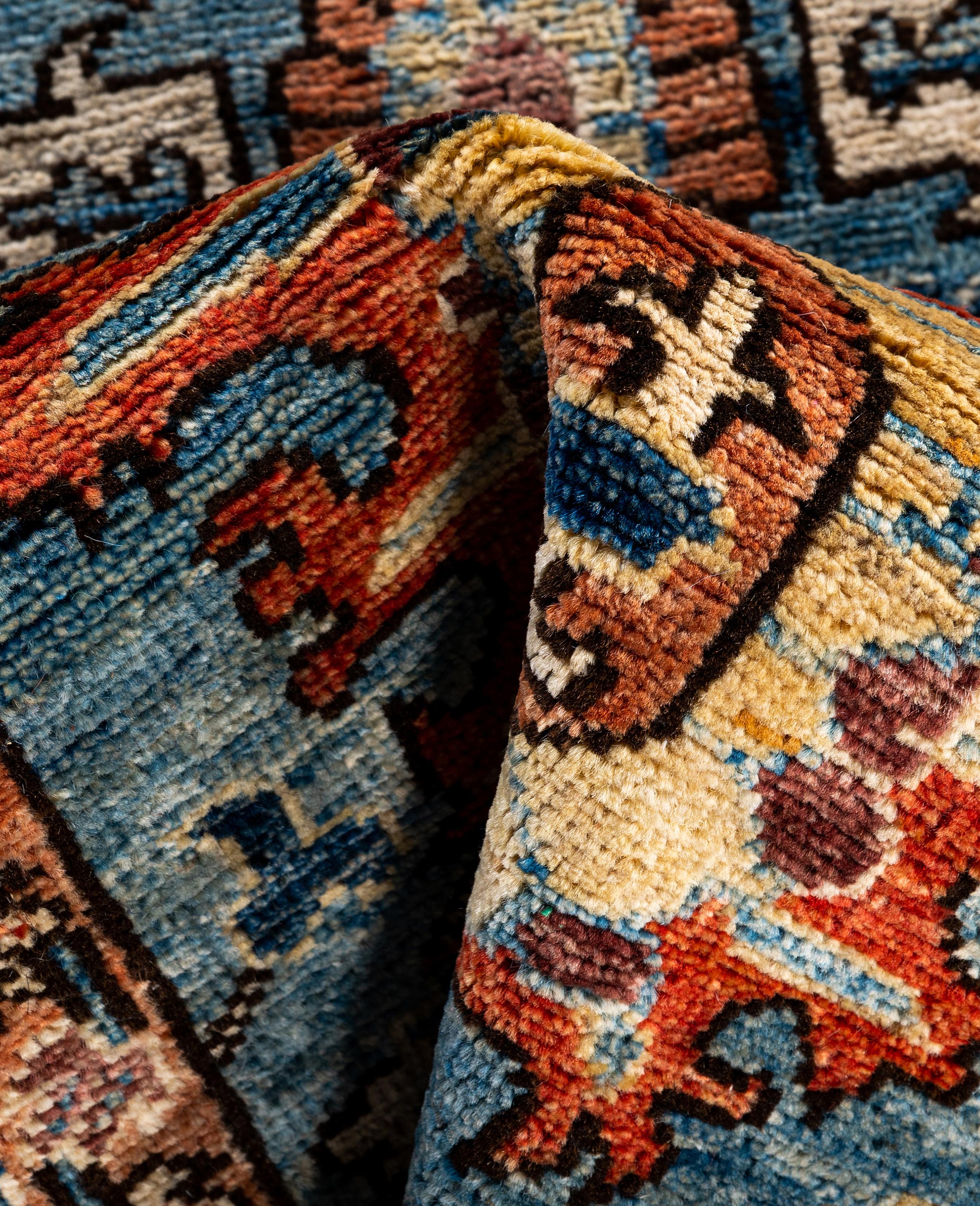Laine Tapis traditionnel tribal Serapi bleu clair noué à la main 2' 7