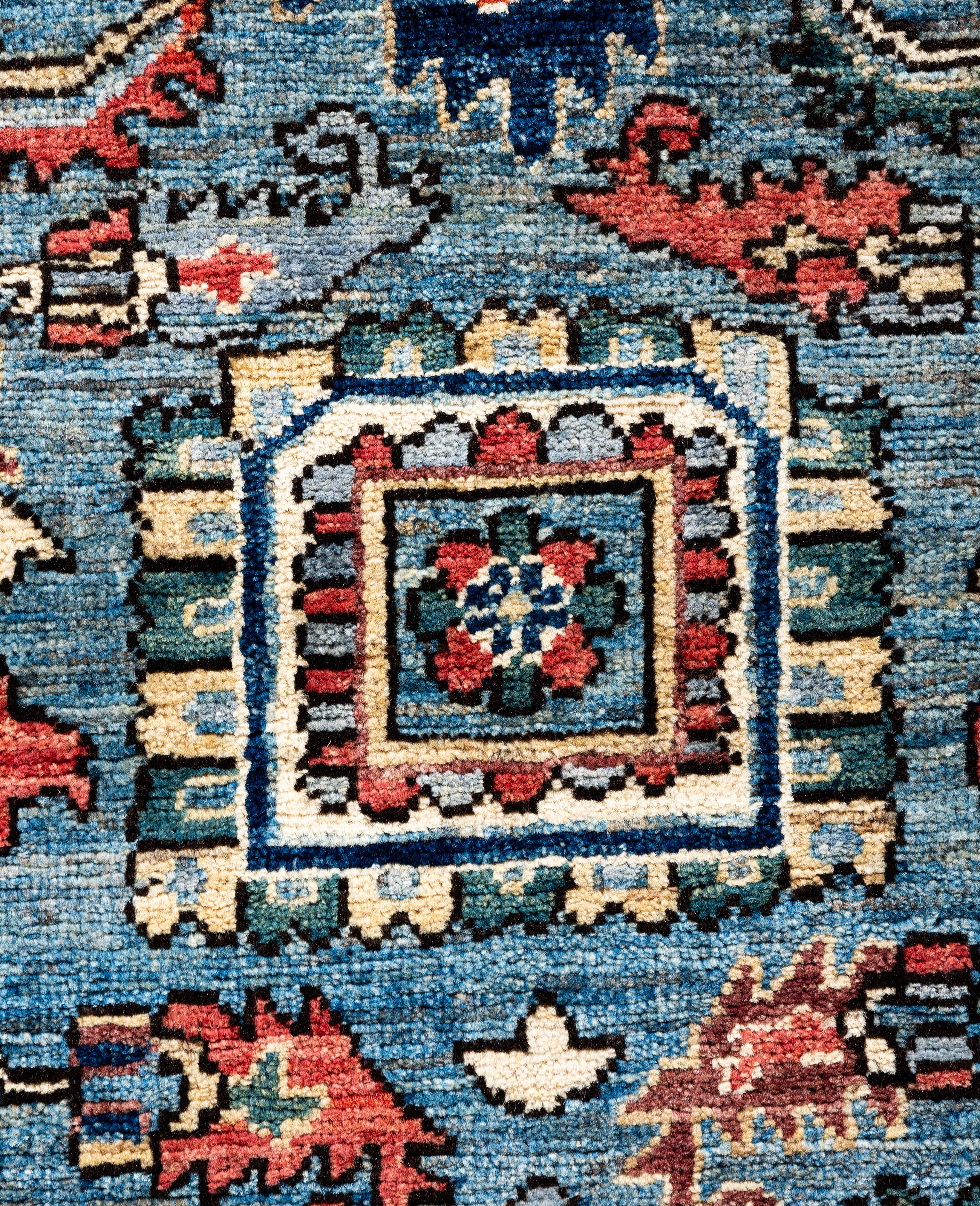 Pakistanais Tapis traditionnel tribal Serapi bleu clair noué à la main 2' 7