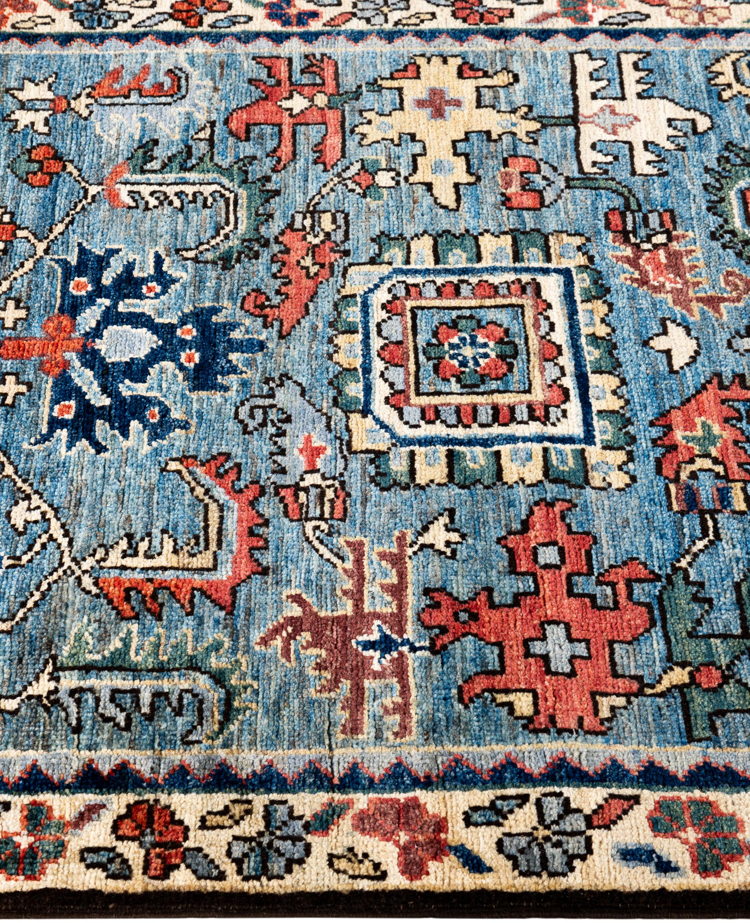 Noué à la main Tapis traditionnel tribal Serapi bleu clair noué à la main 2' 7