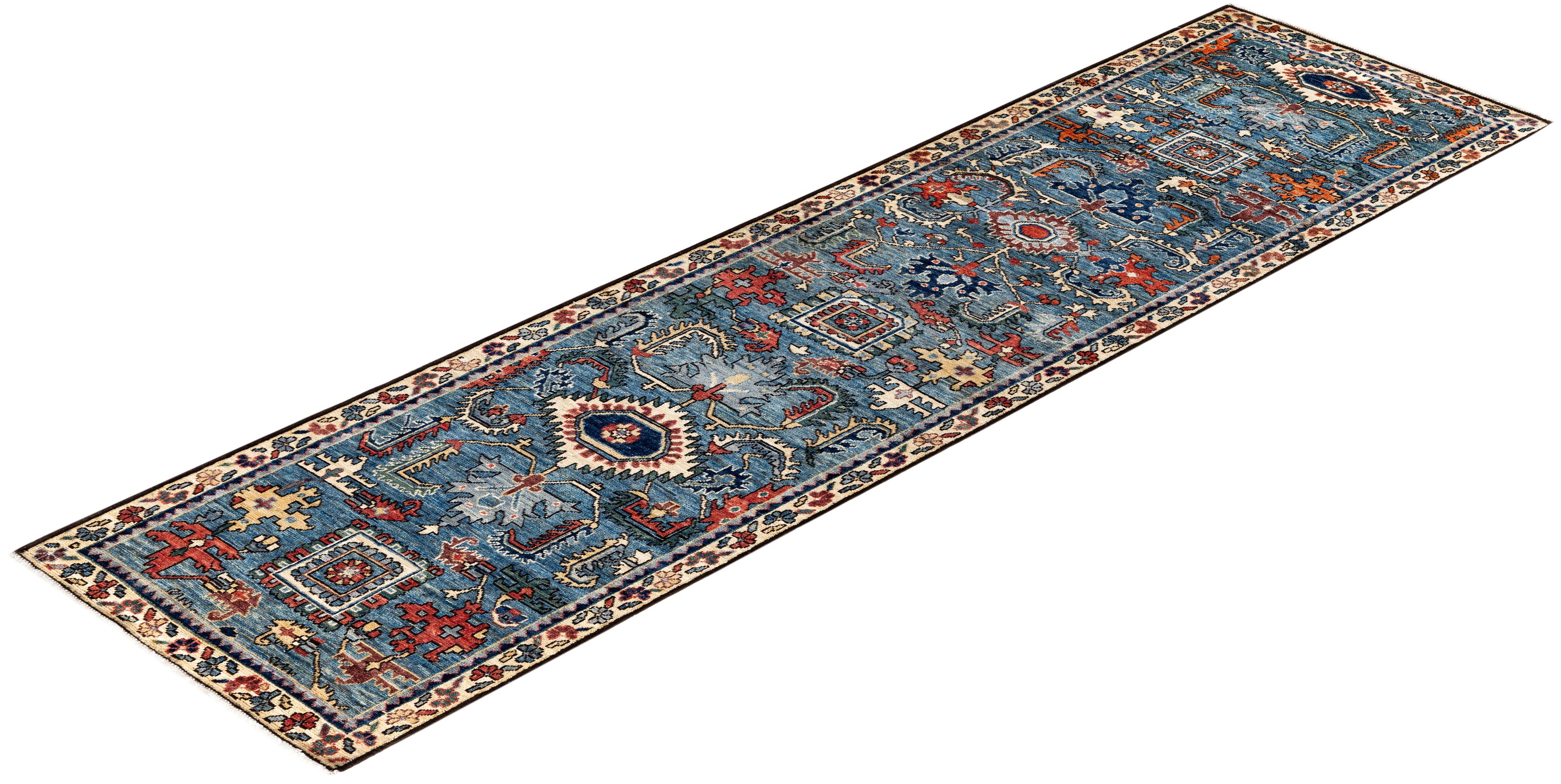 Tapis traditionnel tribal Serapi bleu clair noué à la main 2' 7