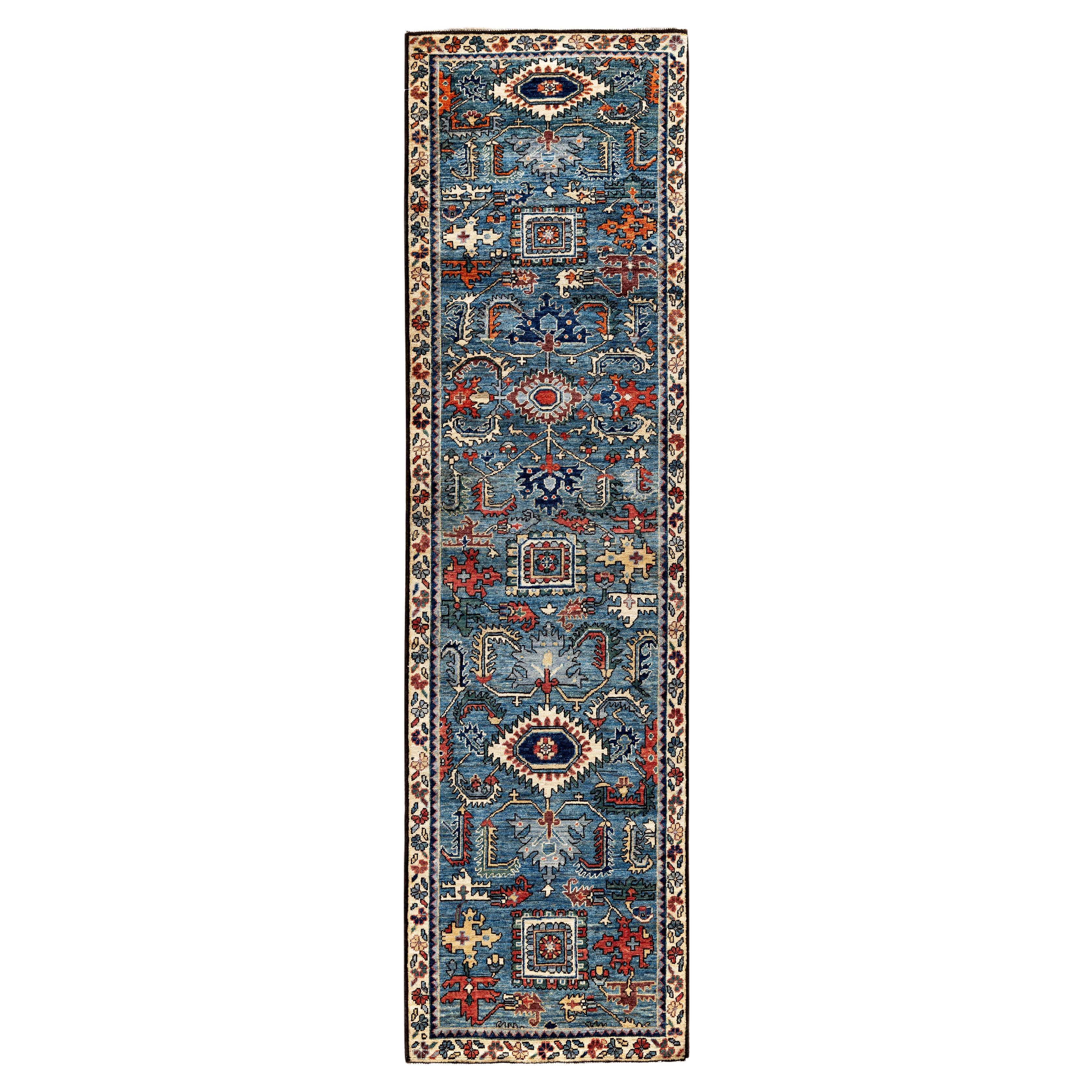 Tappeto Tribale Serapi in lana annodato a mano di colore azzurro 2' 7" x 9' 7"