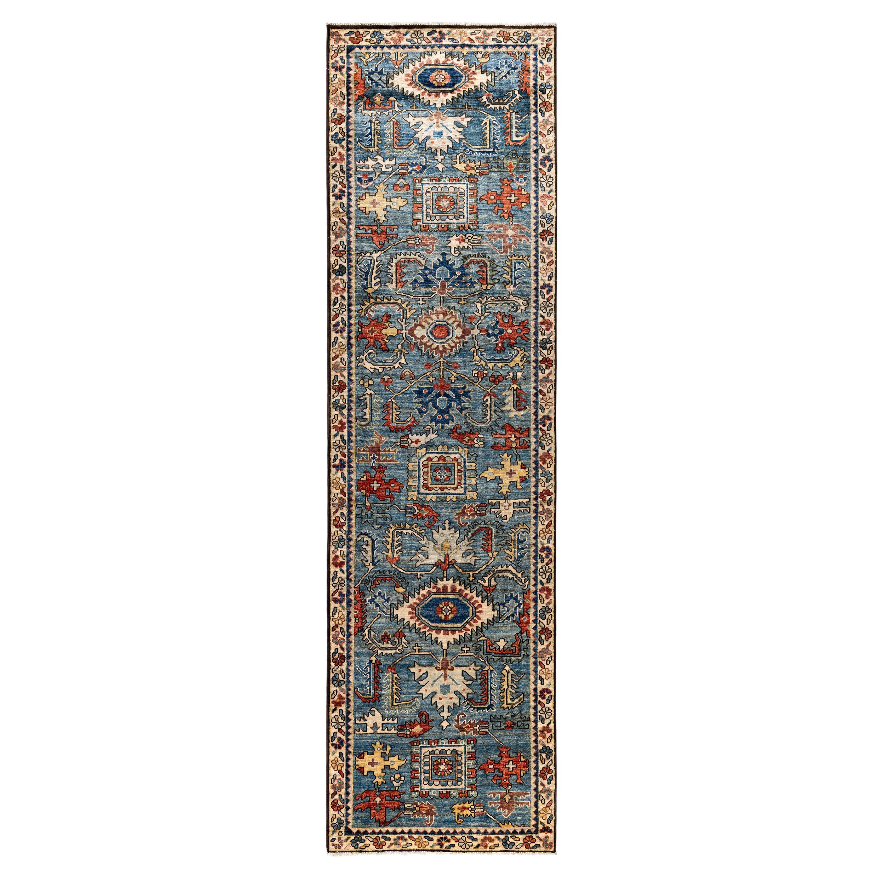 Traditional Tribal Serapi Wool Hand Knotted Light Blue Area Rug 2' 7" x 9' 8"
