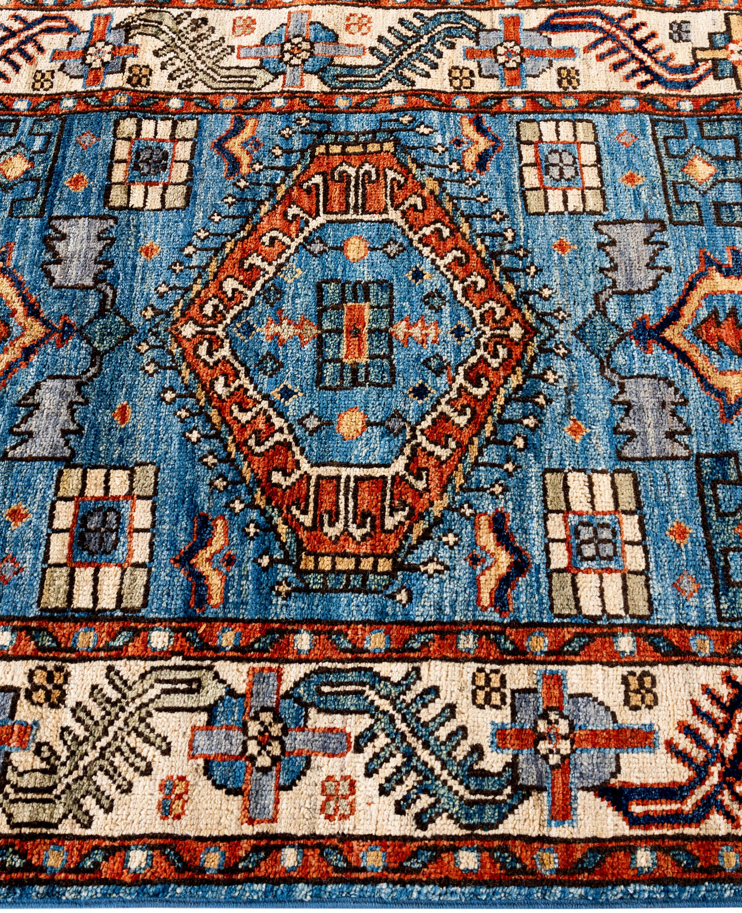 Hand-Knotted Traditional Tribal Serapi Wool Hand Knotted Light Blue Area Rug 2' 8