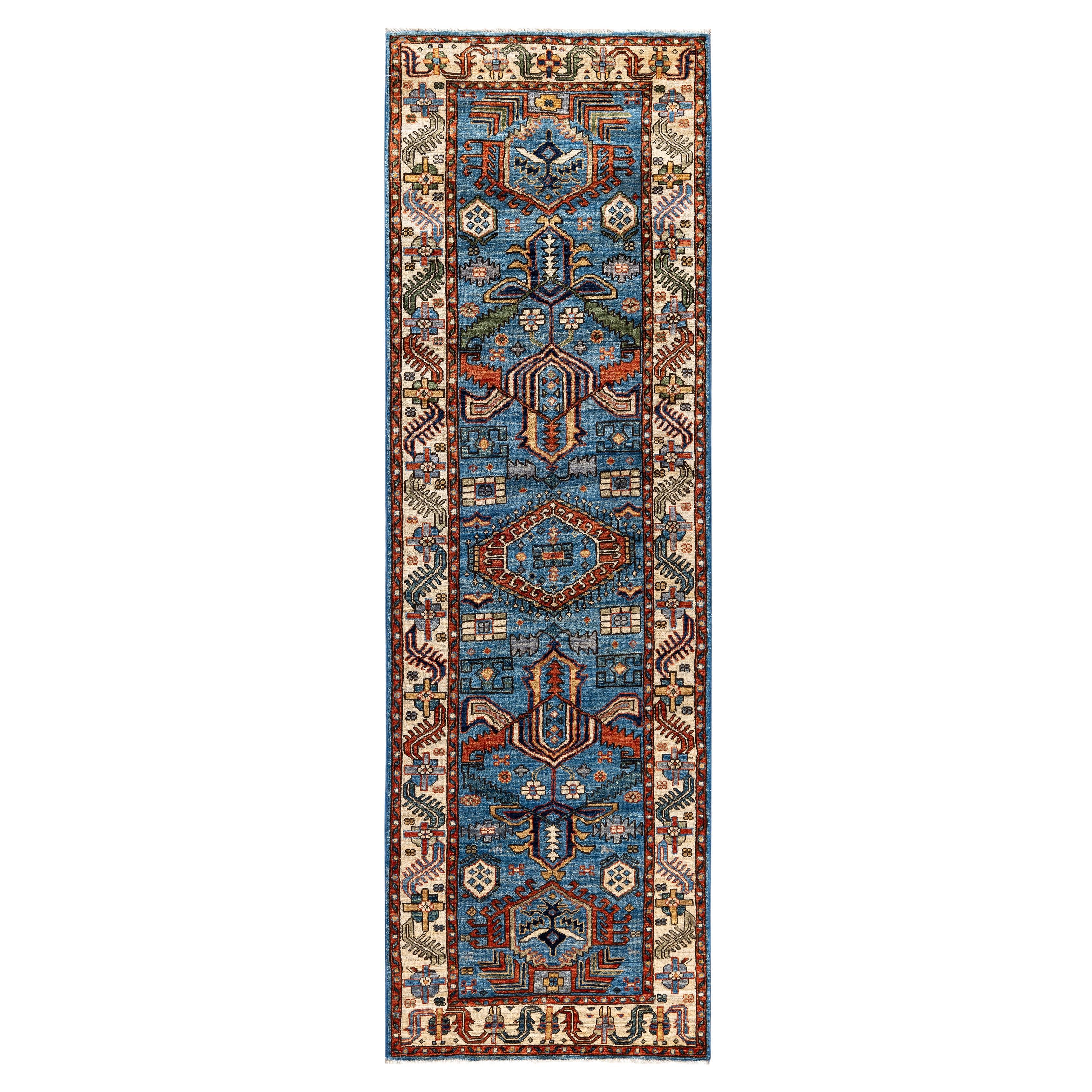 Traditional Tribal Serapi Wool Hand Knotted Light Blue Area Rug 2' 8" x 8' 8"
