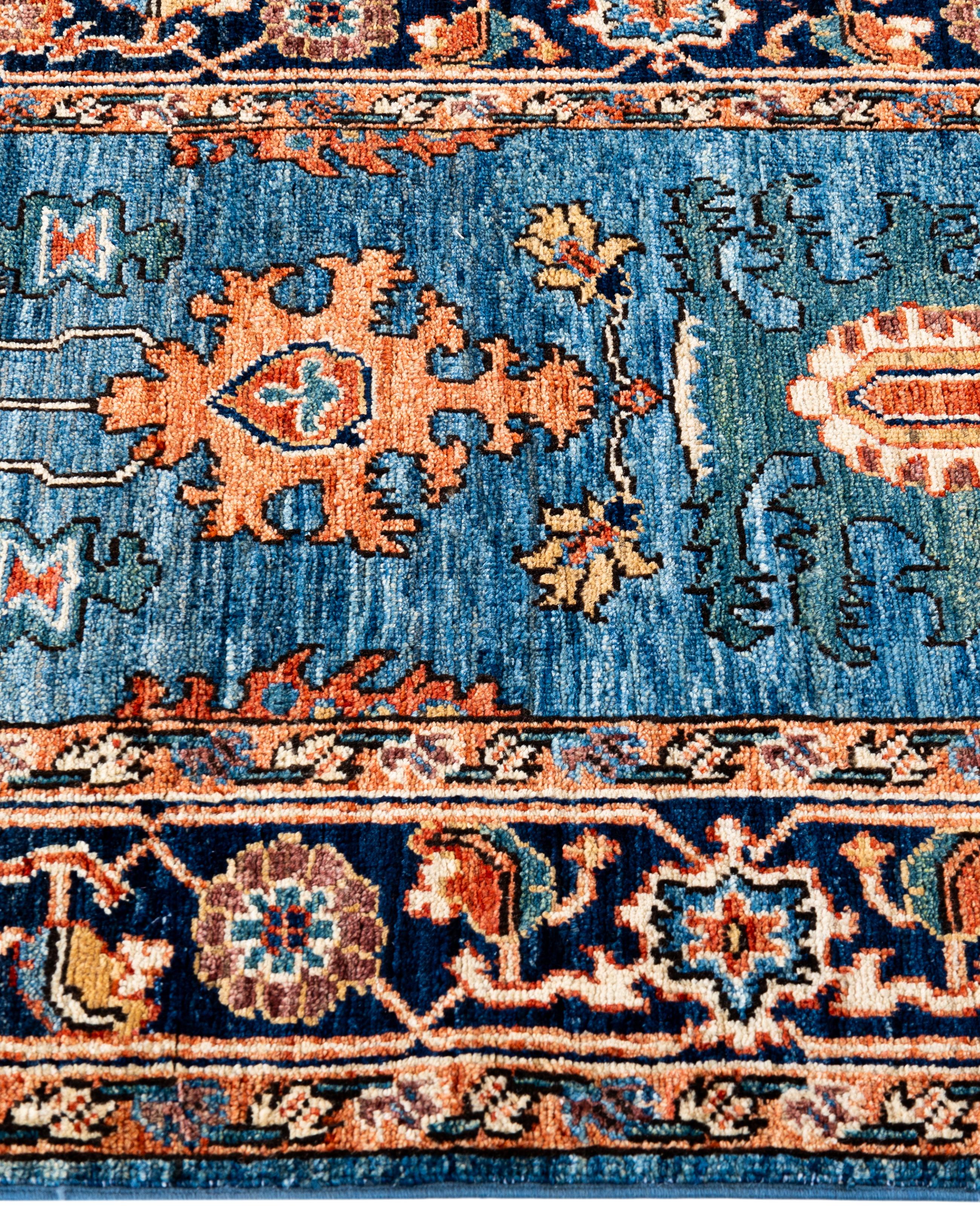 Noué à la main Tapis traditionnel tribal Serapi bleu clair noué à la main 2' 8