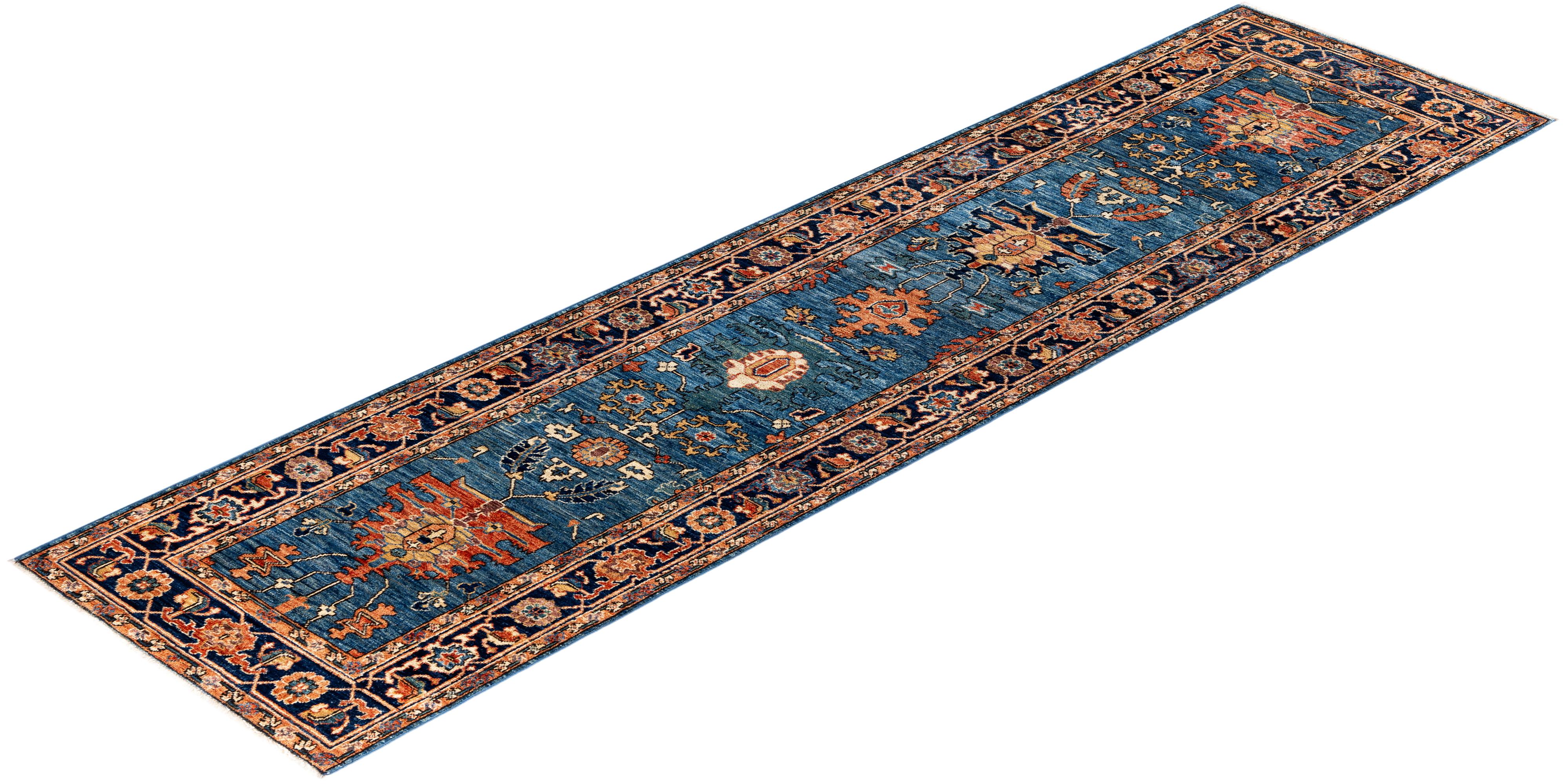 Tapis traditionnel tribal Serapi bleu clair noué à la main 2' 8