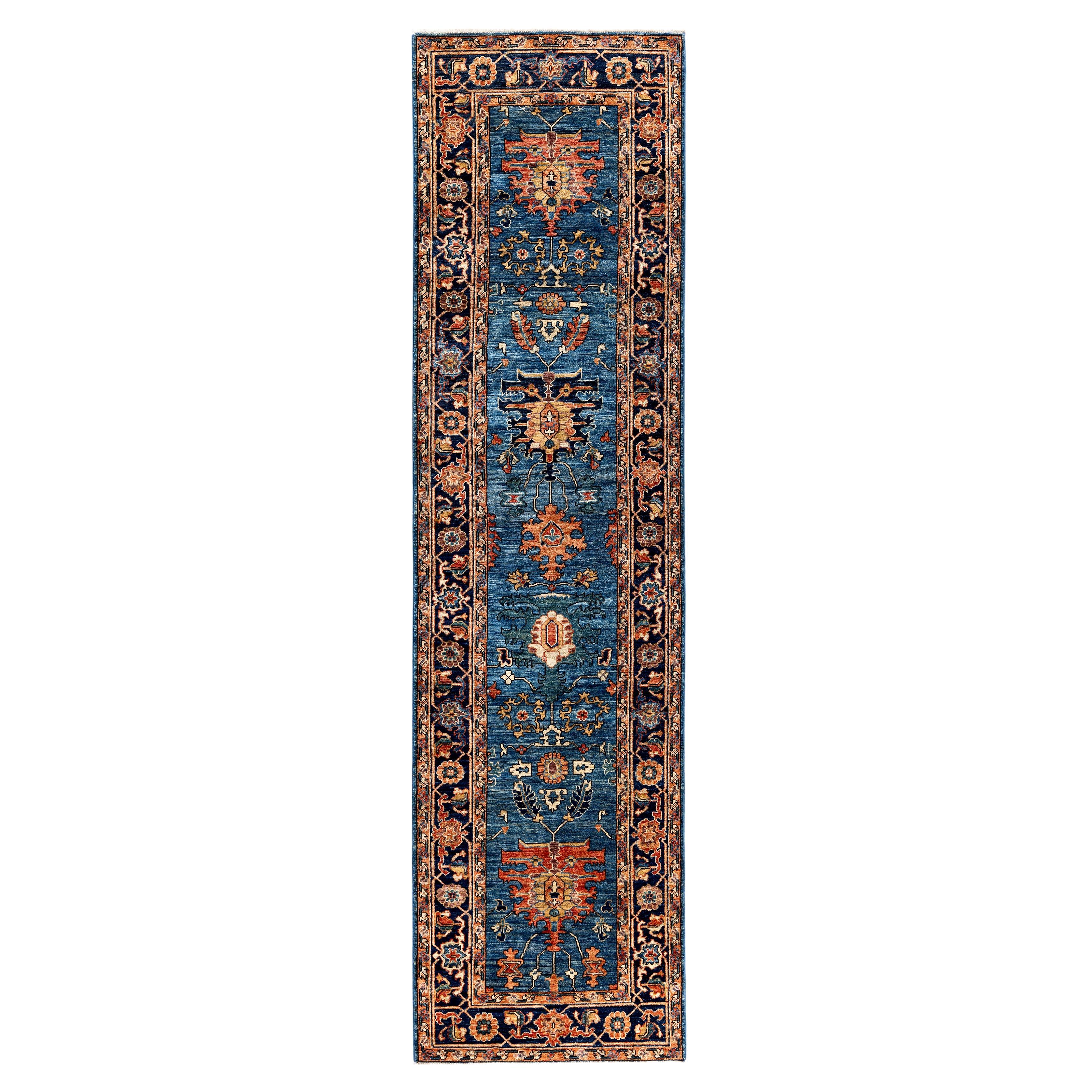 Alfombra tribal tradicional Serapi de lana anudada a mano azul claro 2' 8" x 9' 10