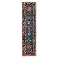 Alfombra tribal tradicional Serapi de lana anudada a mano azul claro 2' 8" x 9' 10