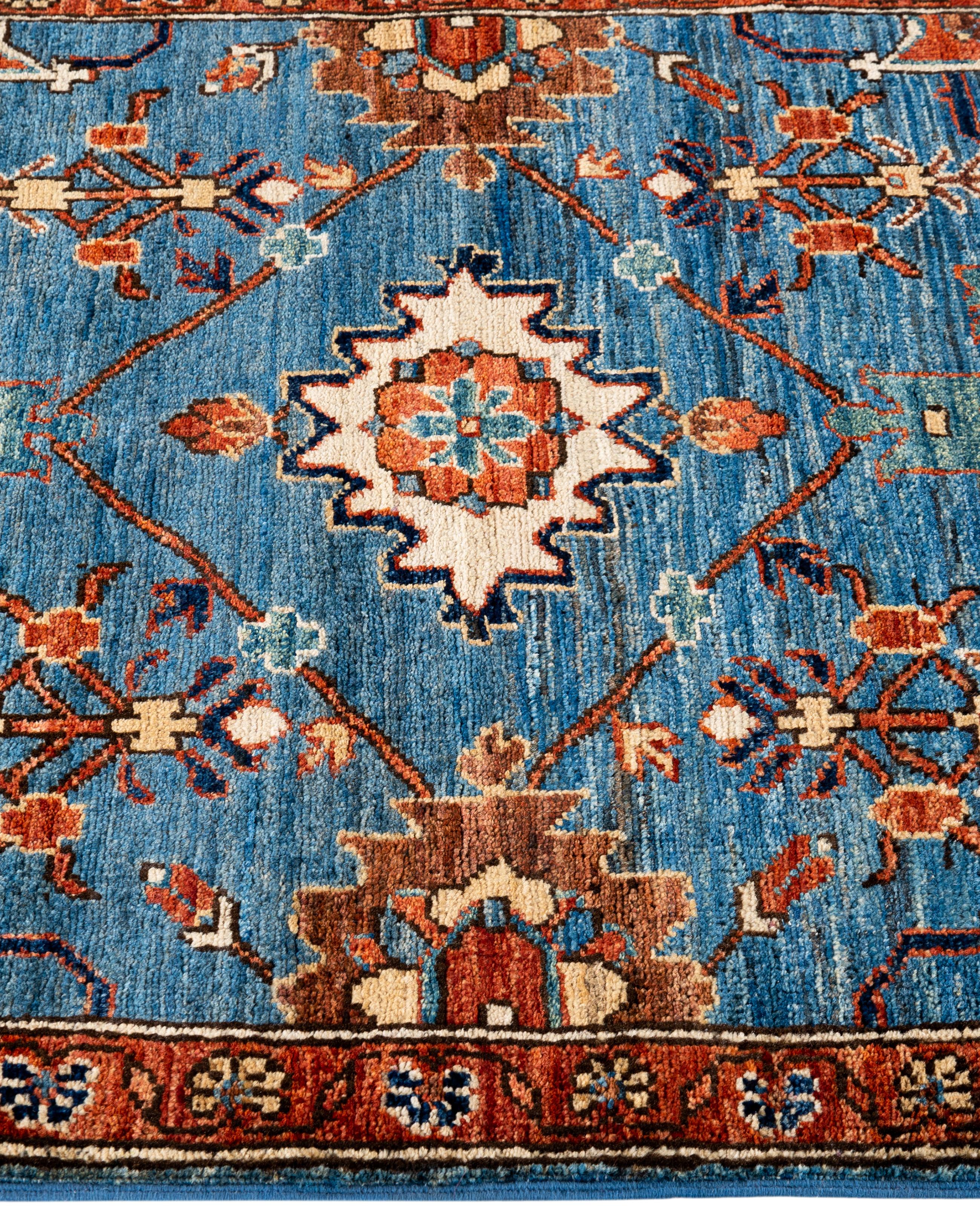 Noué à la main Tapis traditionnel tribal Serapi bleu clair noué à la main 2' 8
