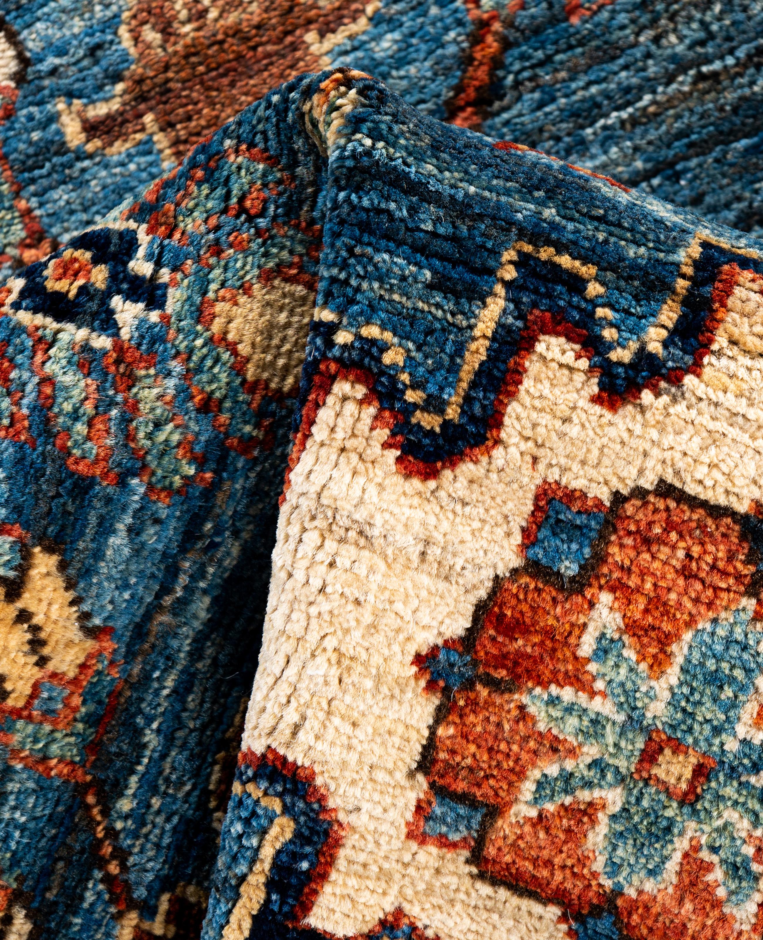 Laine Tapis traditionnel tribal Serapi bleu clair noué à la main 2' 8