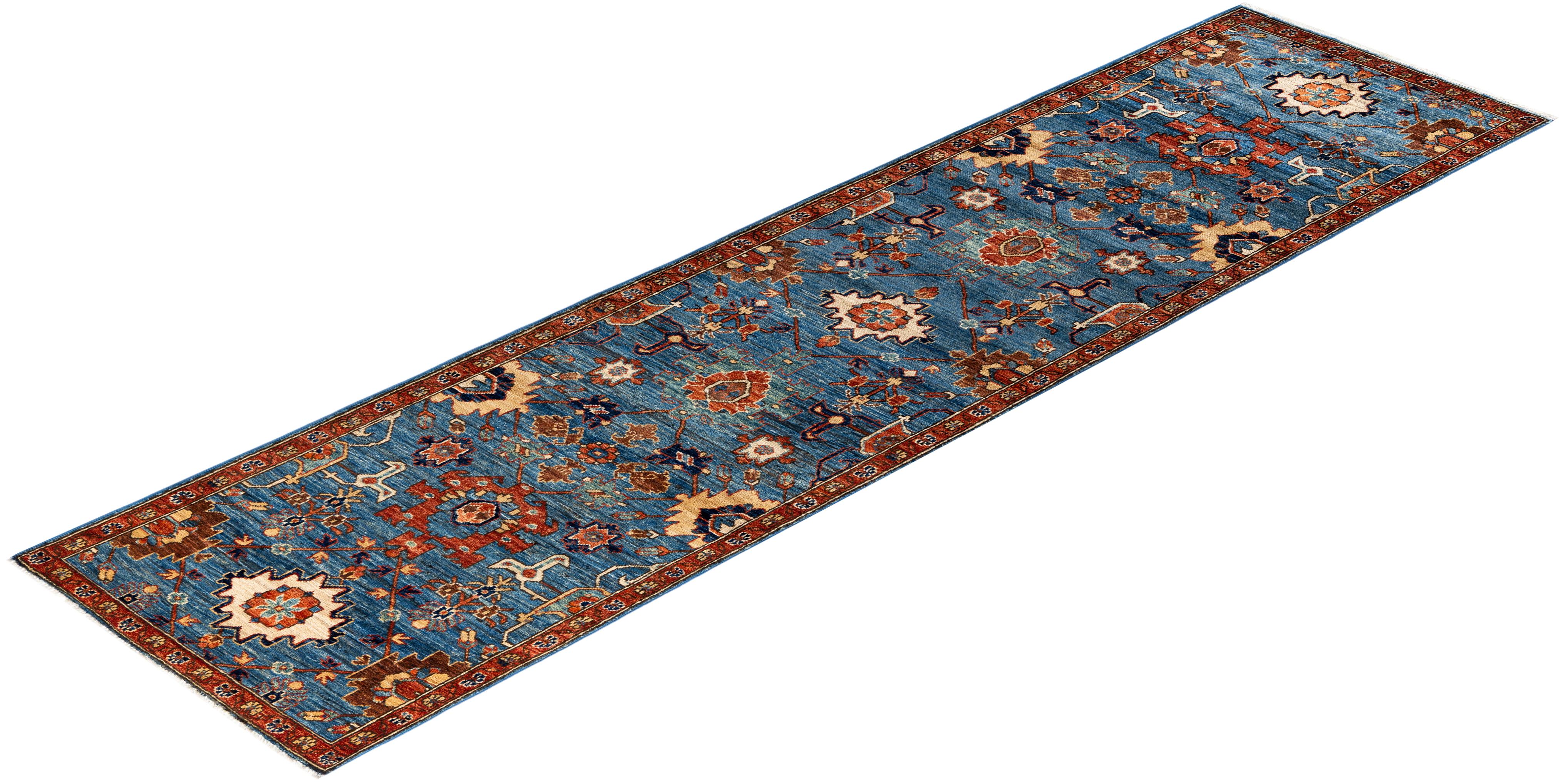 Tapis traditionnel tribal Serapi bleu clair noué à la main 2' 8