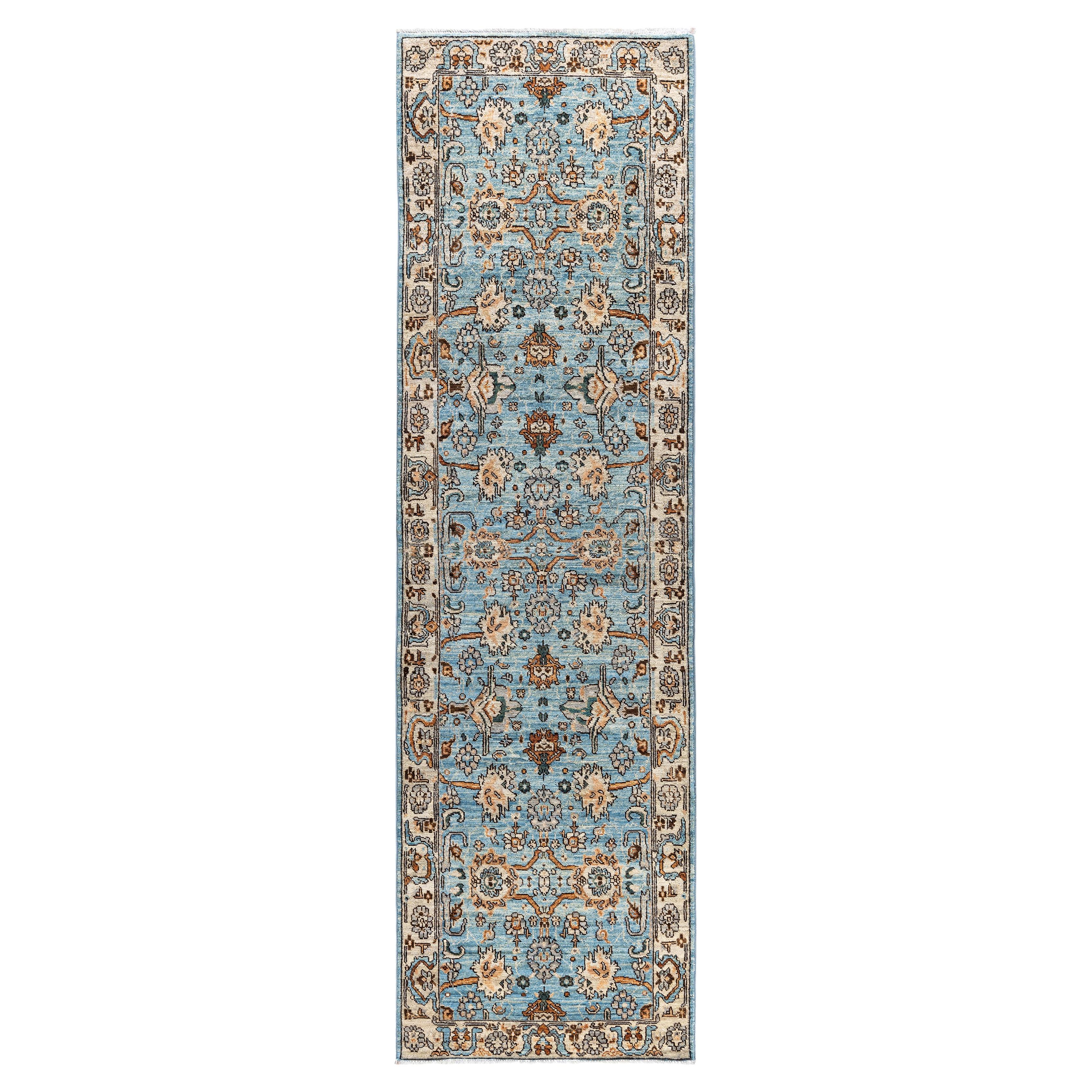 Tappeto Tribale Serapi in lana annodato a mano di colore azzurro 2' 8" x 9' 5" in vendita