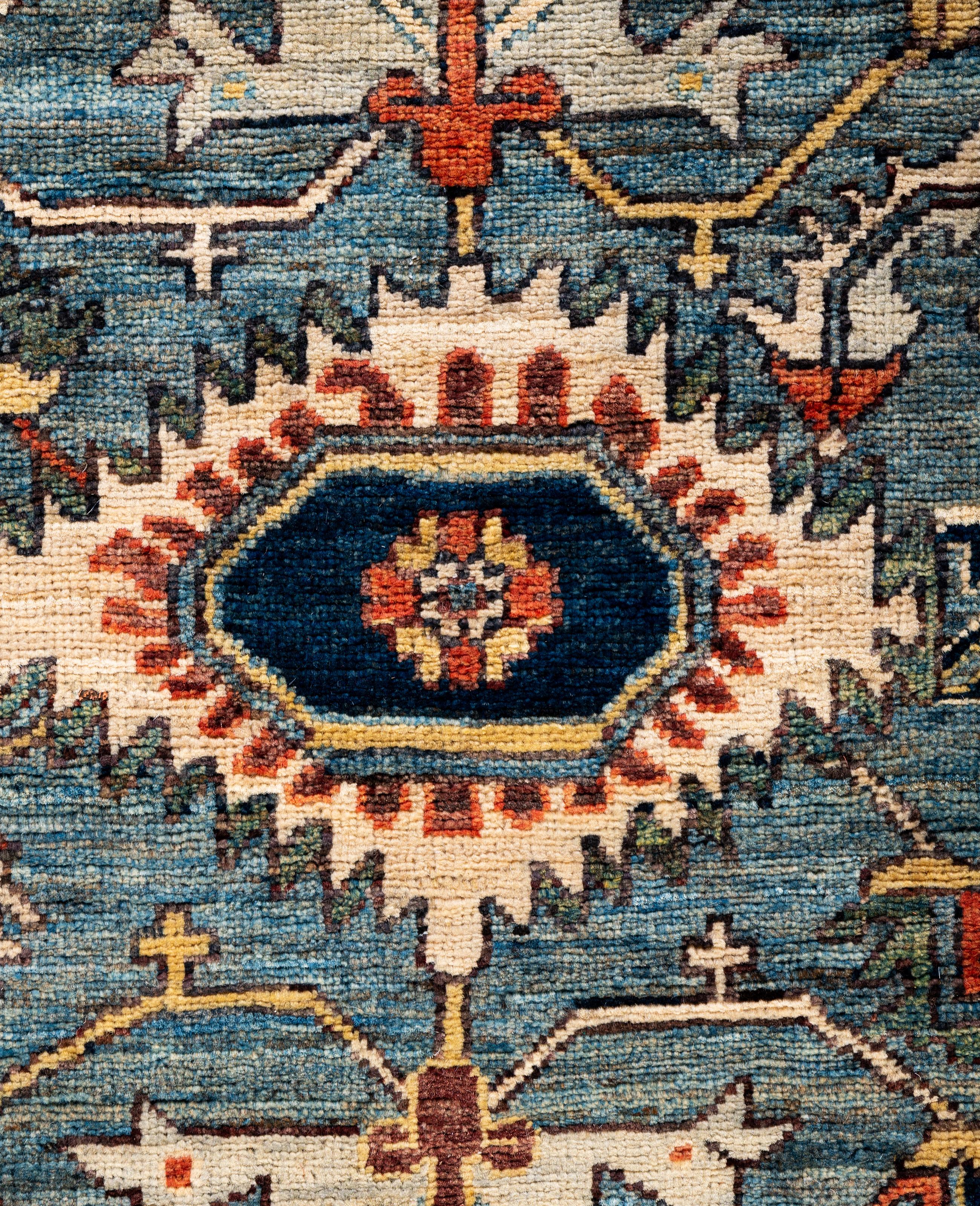 Pakistanais Tapis traditionnel tribal Serapi bleu clair noué à la main 2' 8