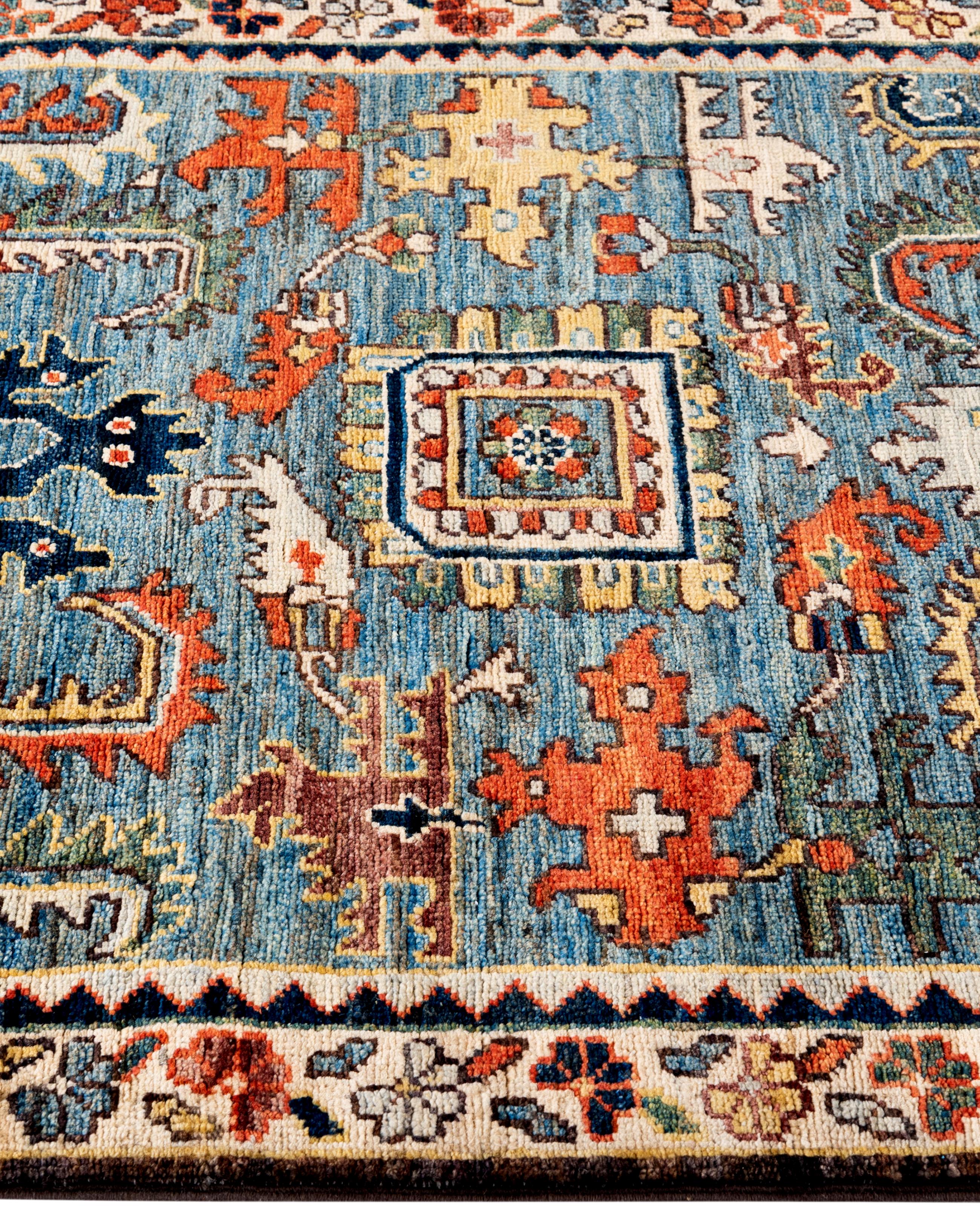 Noué à la main Tapis traditionnel tribal Serapi bleu clair noué à la main 2' 8