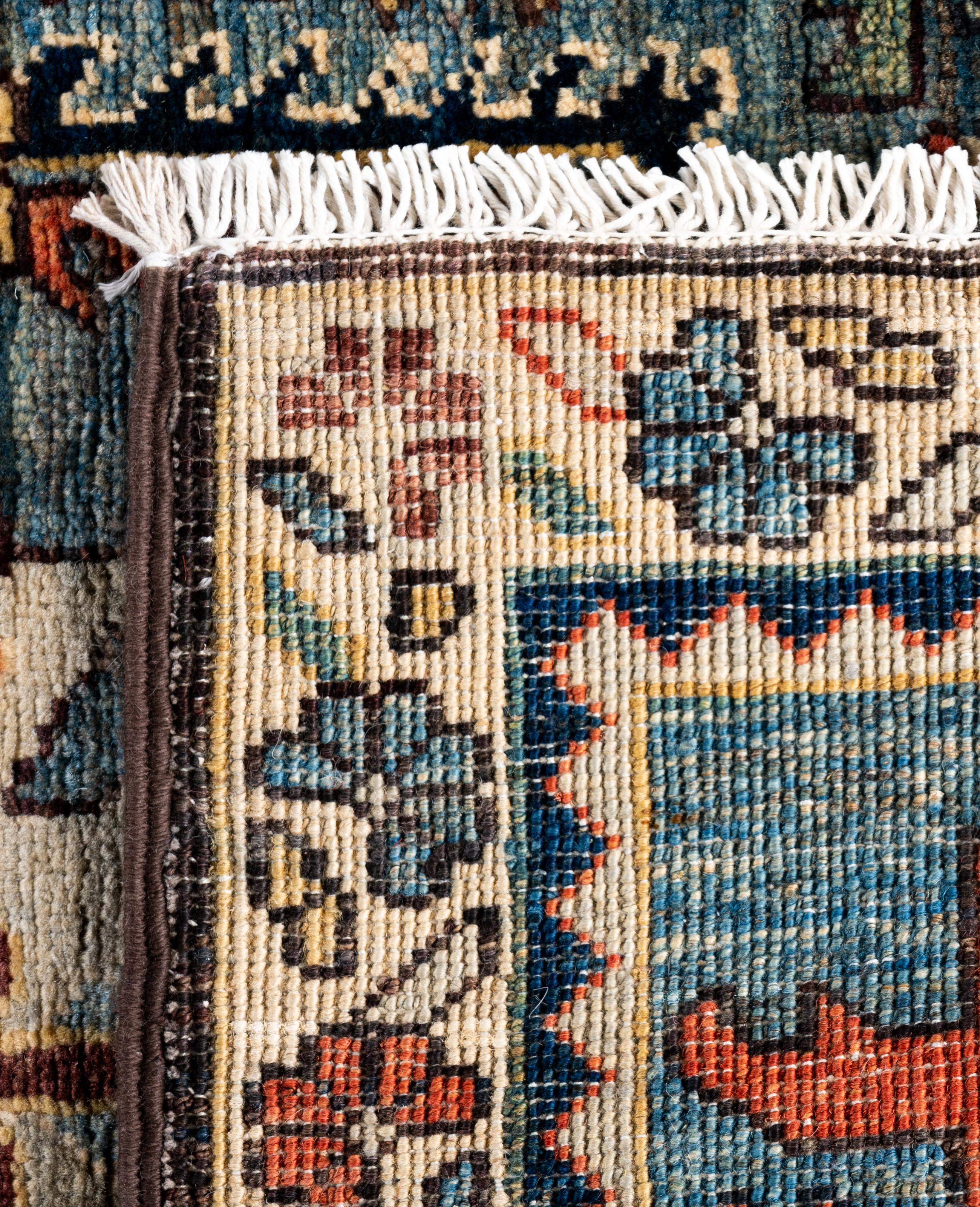 Tapis traditionnel tribal Serapi bleu clair noué à la main 2' 8