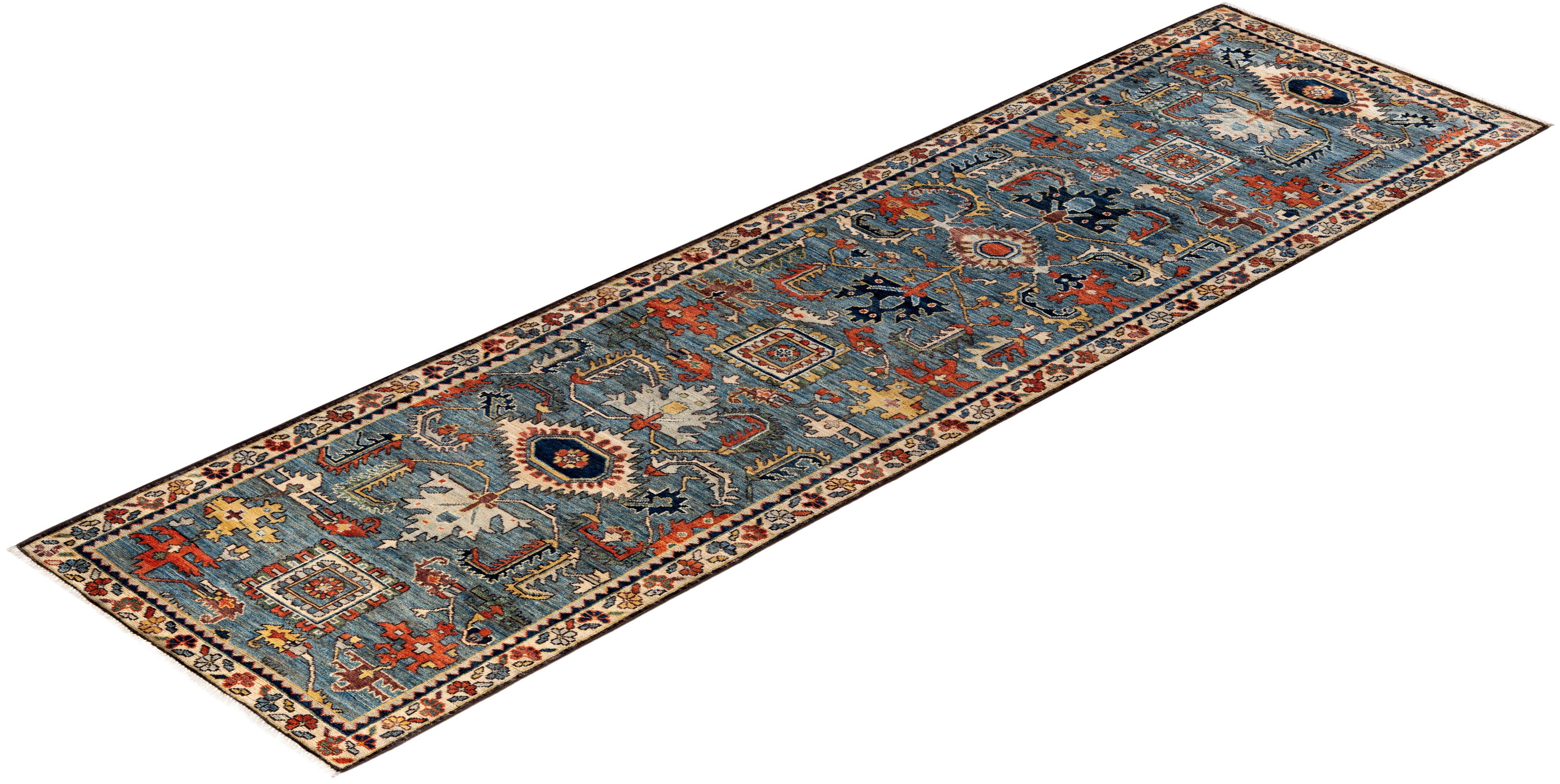 Tapis traditionnel tribal Serapi bleu clair noué à la main 2' 8