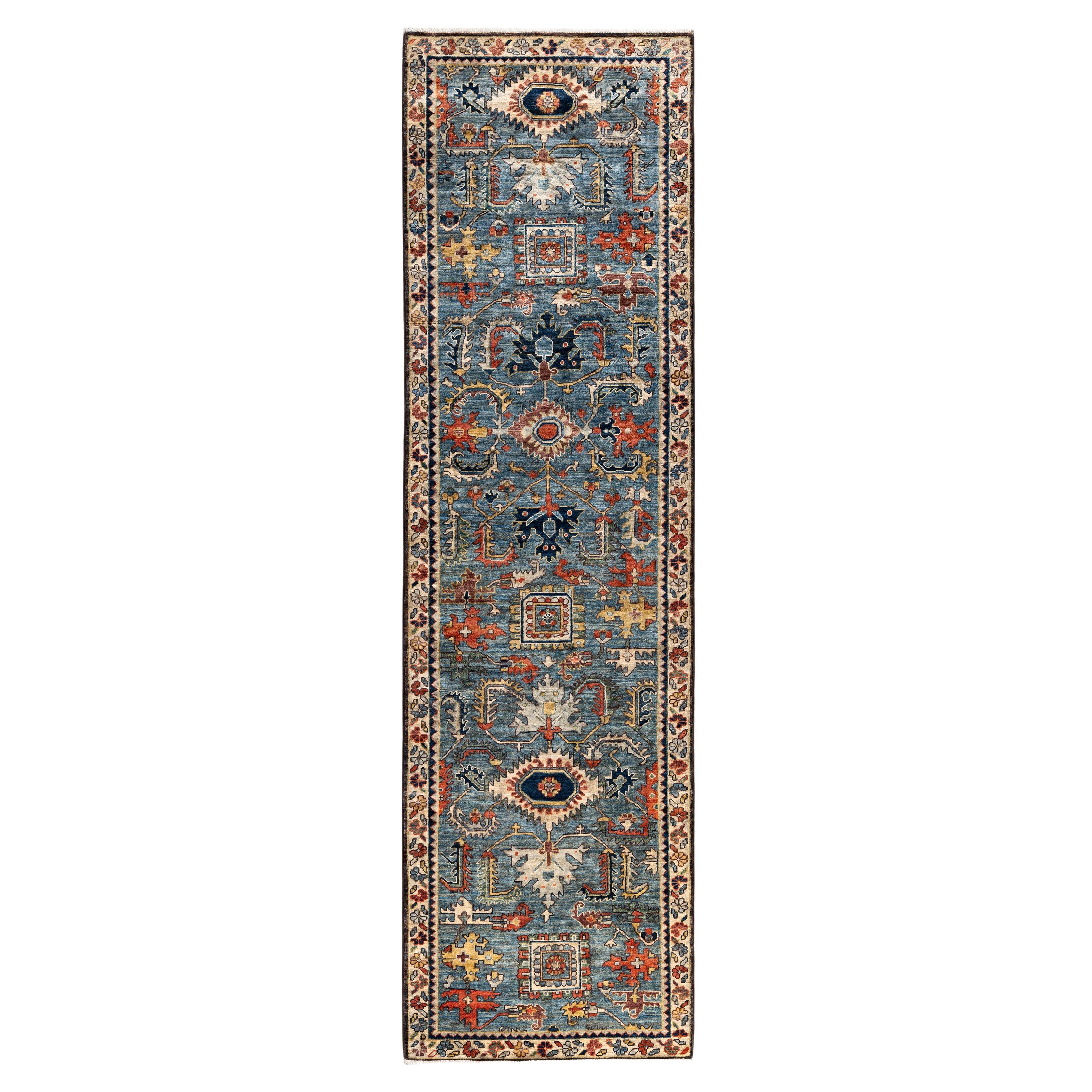 Traditional Tribal Serapi Wool Hand Knotted Light Blue Area Rug 2' 8" x 9' 6"