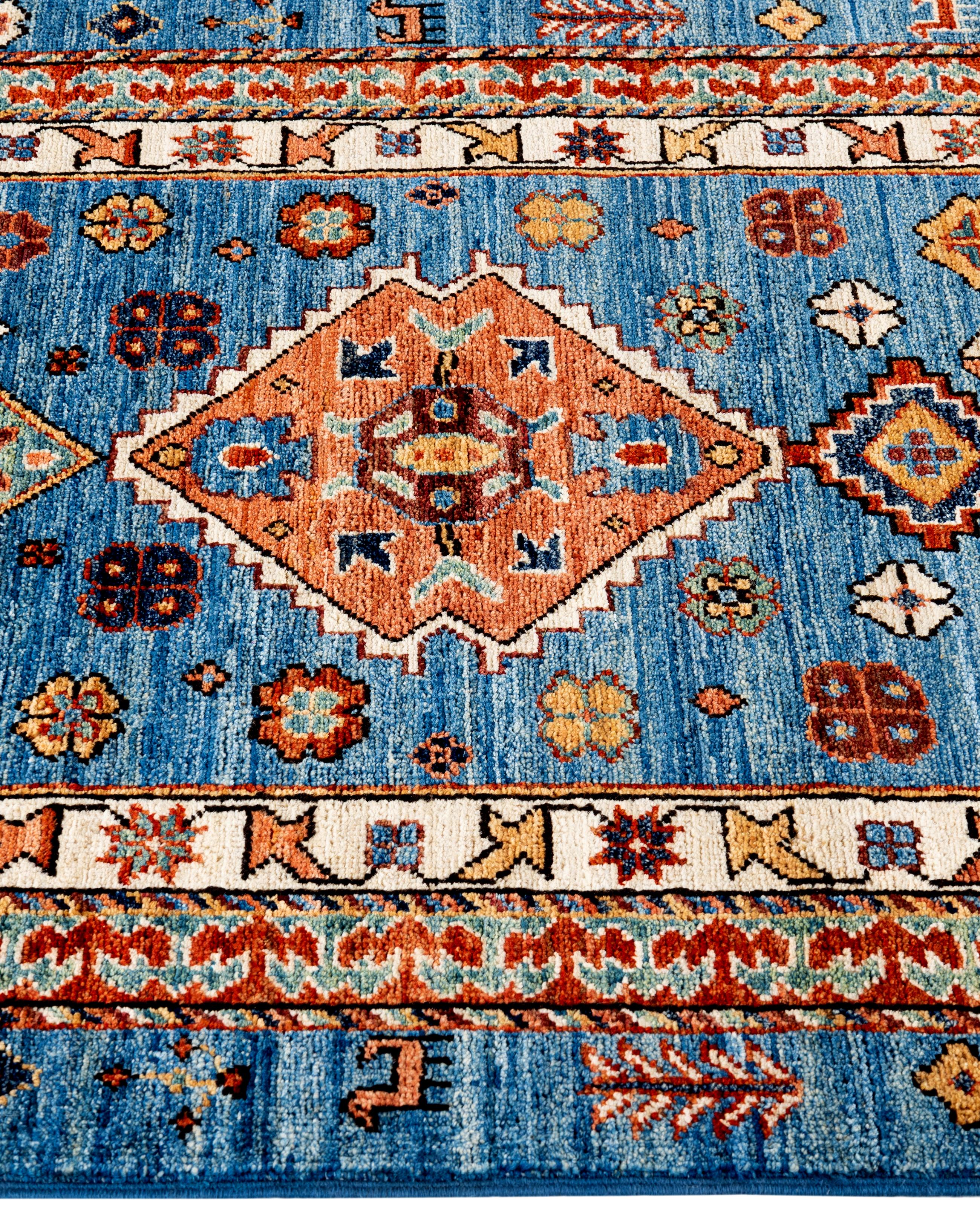 Noué à la main Tapis traditionnel tribal Serapi bleu clair noué à la main 2' 9