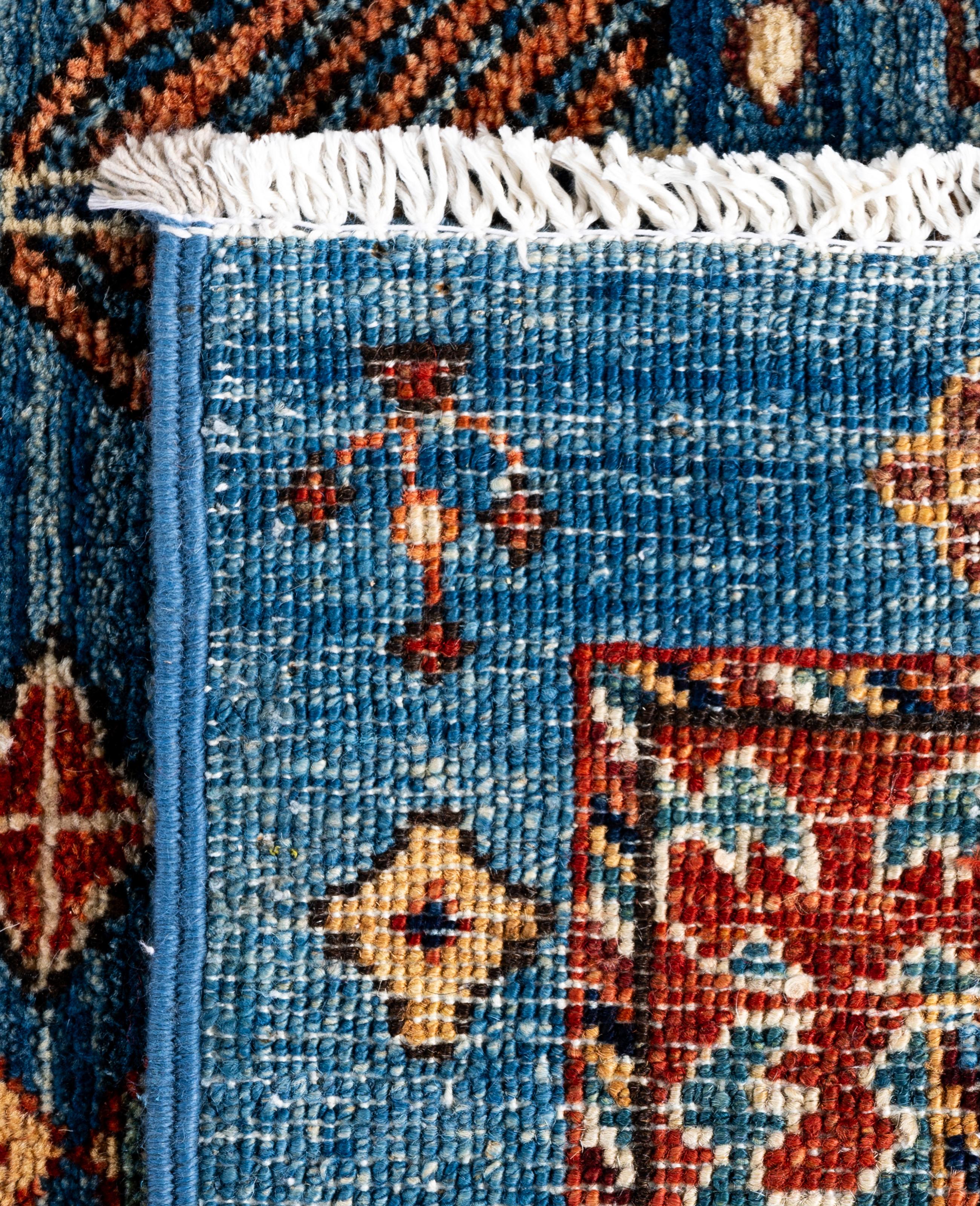 Tapis traditionnel tribal Serapi bleu clair noué à la main 2' 9