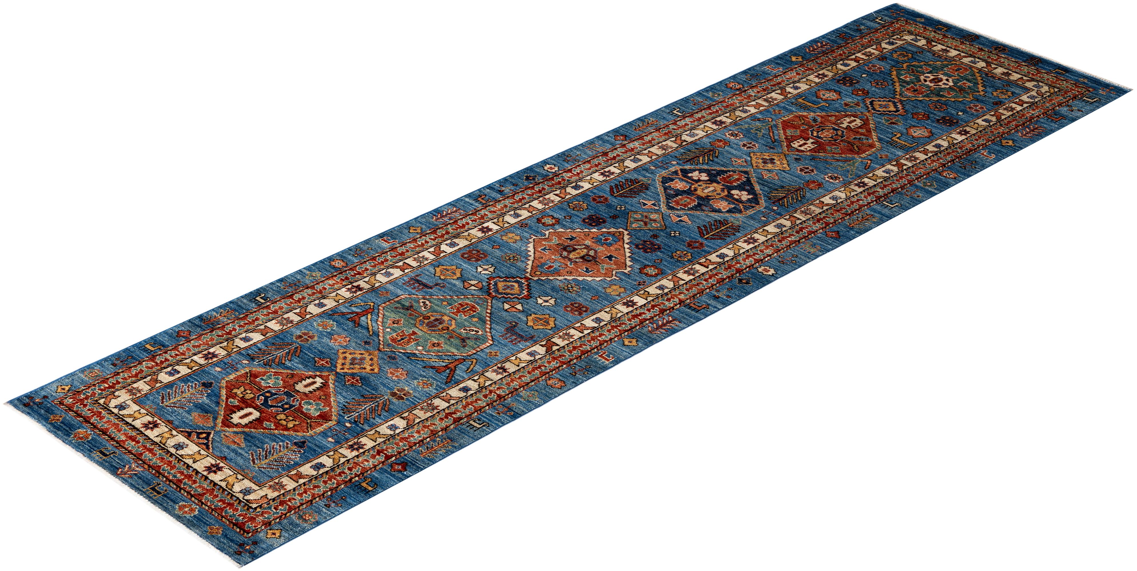 Tapis traditionnel tribal Serapi bleu clair noué à la main 2' 9