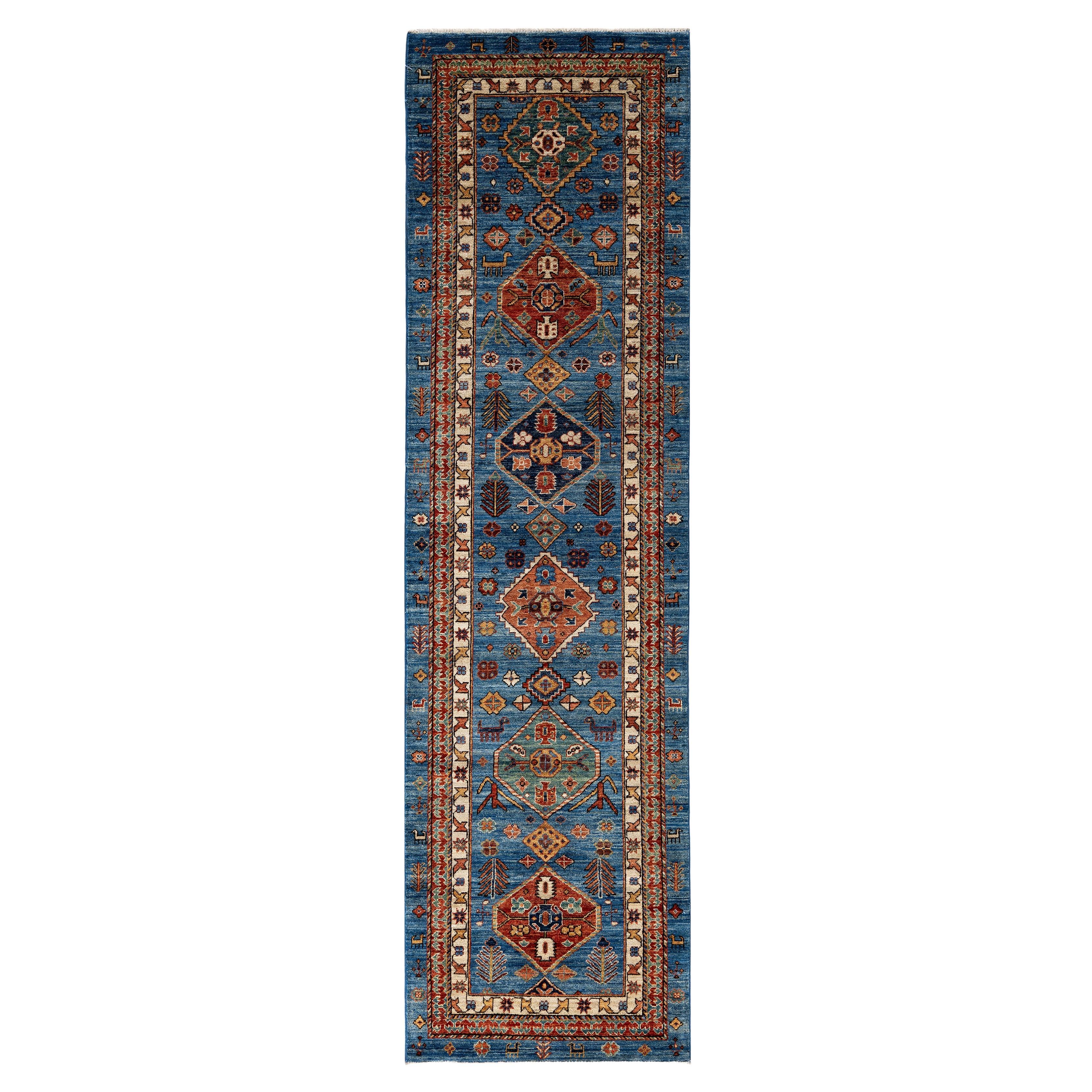 Alfombra tribal tradicional Serapi de lana anudada a mano azul claro 2' 9" x 10' 0