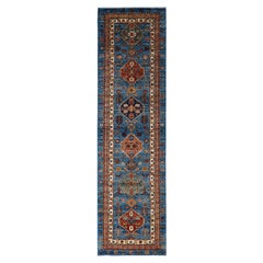 Alfombra tribal tradicional Serapi de lana anudada a mano azul claro 2' 9" x 10' 0