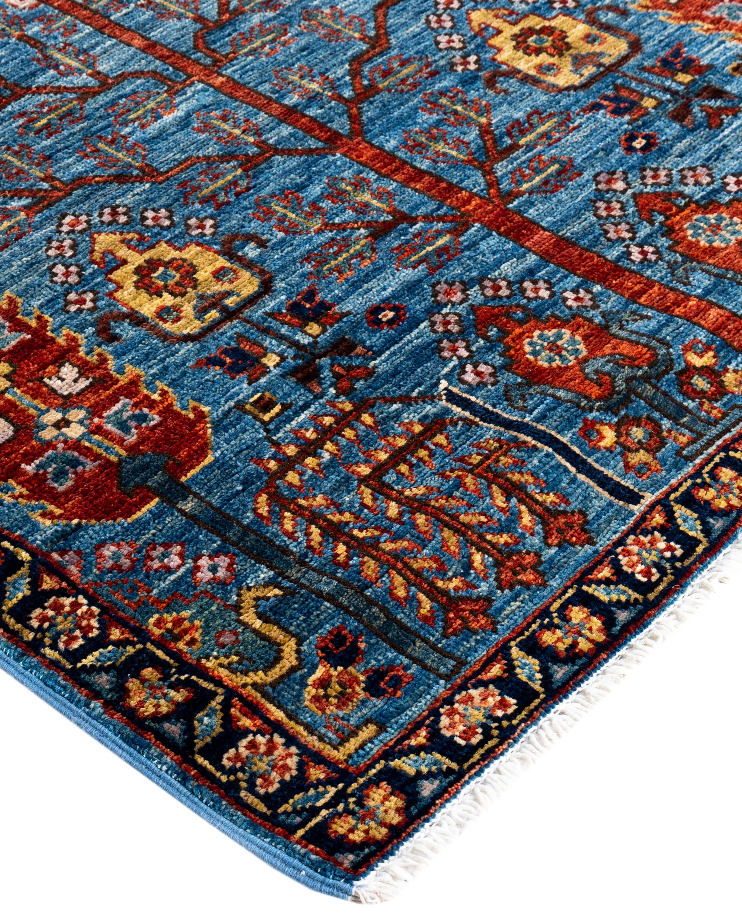 Serapi rugs are known for their bold, geometric designs and rich colors, often featuring a central medallion surrounded by intricate patterns. They typically use a warm, earthy color palette with deep reds, blues, ivory, and occasional greens. The