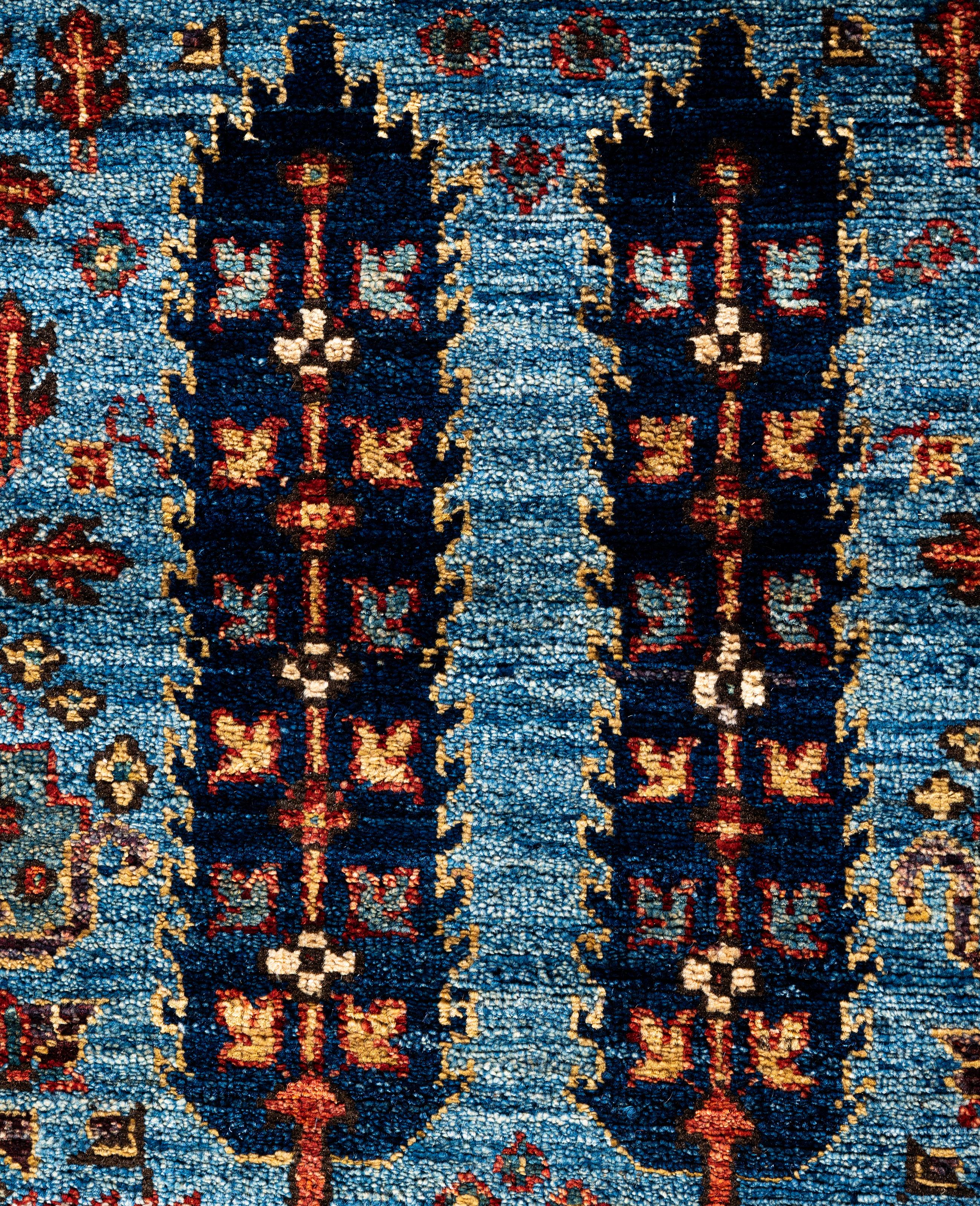 Pakistanais Tapis traditionnel tribal Serapi bleu clair noué à la main 2' 9