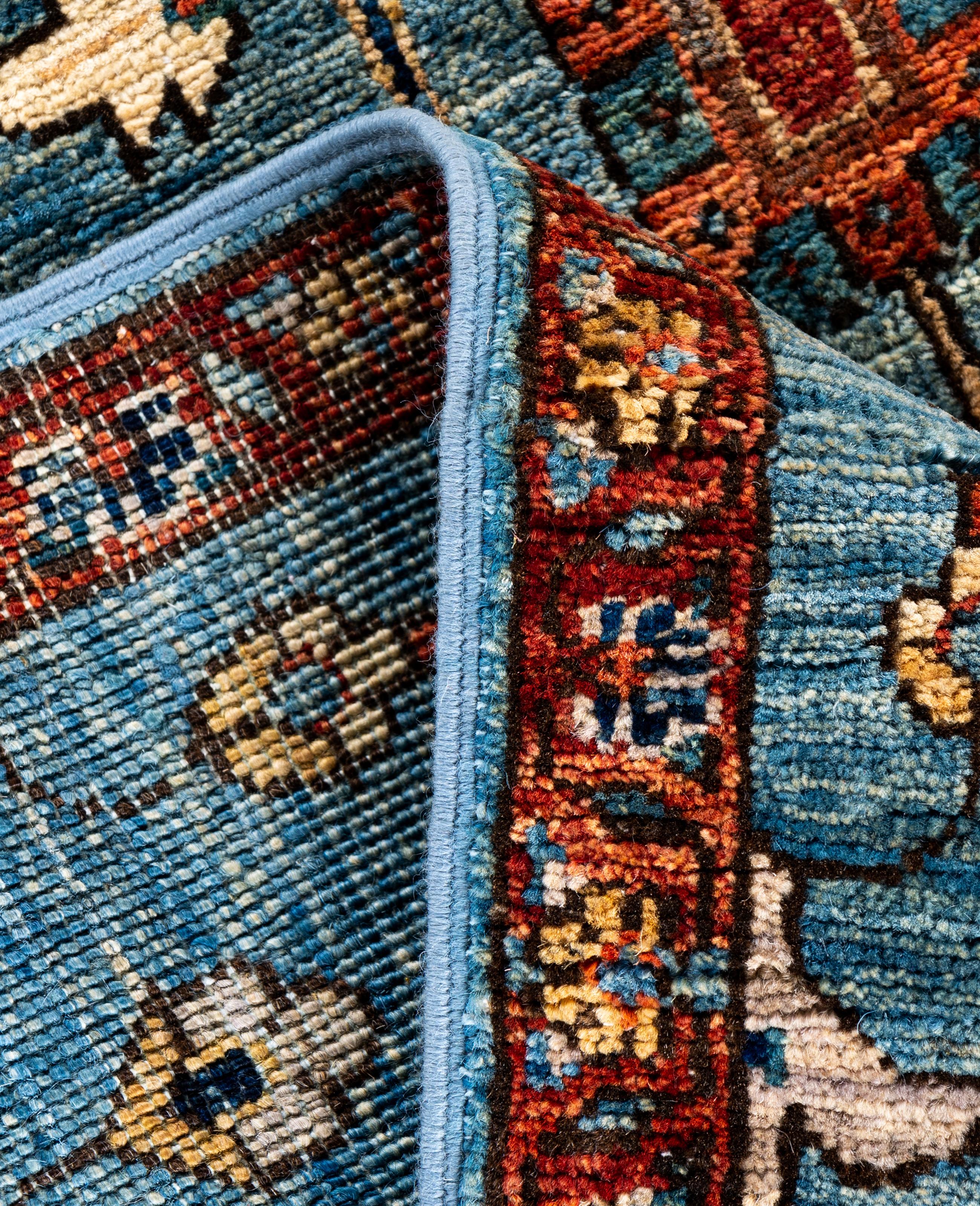 XXI secolo e contemporaneo Tappeto Tribale Serapi in lana annodato a mano di colore azzurro 2' 9