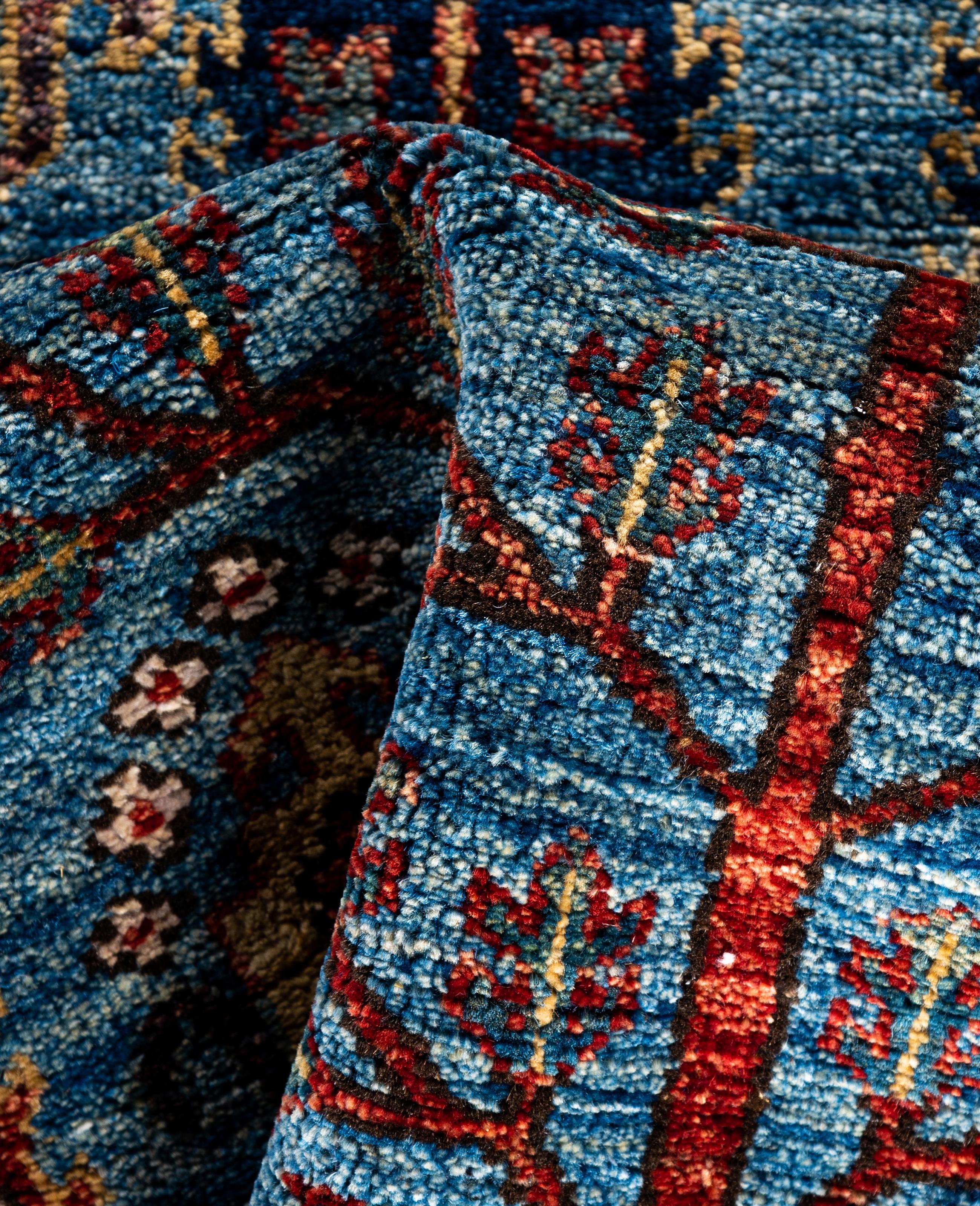 Laine Tapis traditionnel tribal Serapi bleu clair noué à la main 2' 9