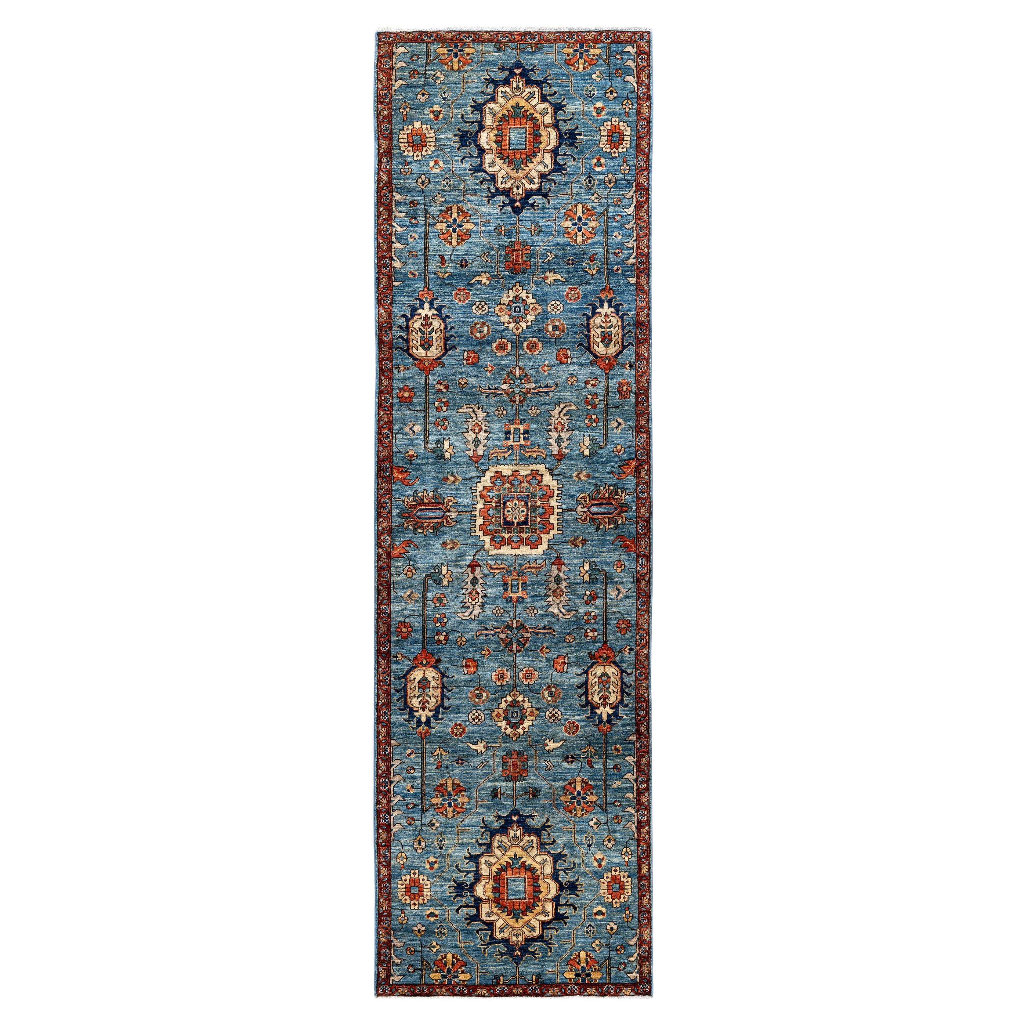 Alfombra Tribal Tradicional Serapi de Lana Anudada a Mano Azul Claro 2' 9" x 9' 10