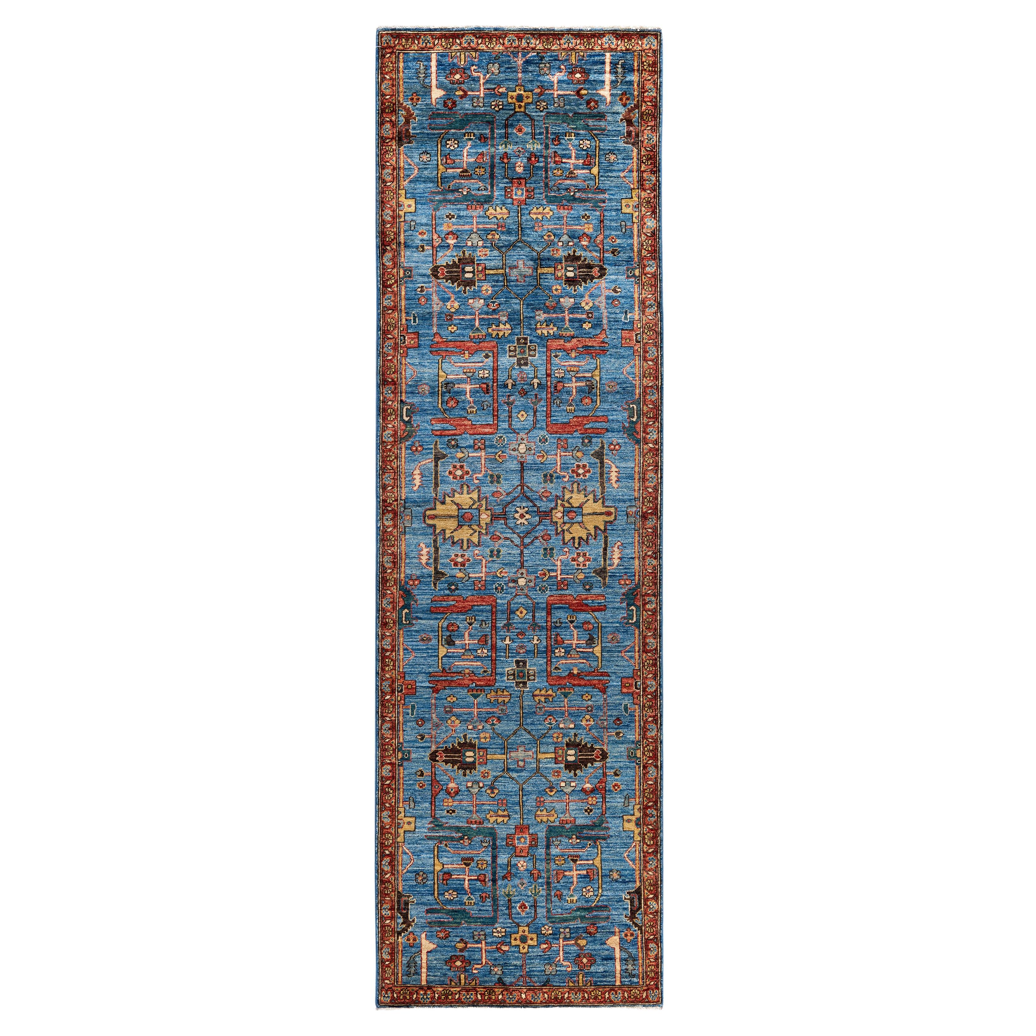 Traditional Tribal Serapi Wool Hand Knotted Light Blue Area Rug 2' 9" x 9' 7"