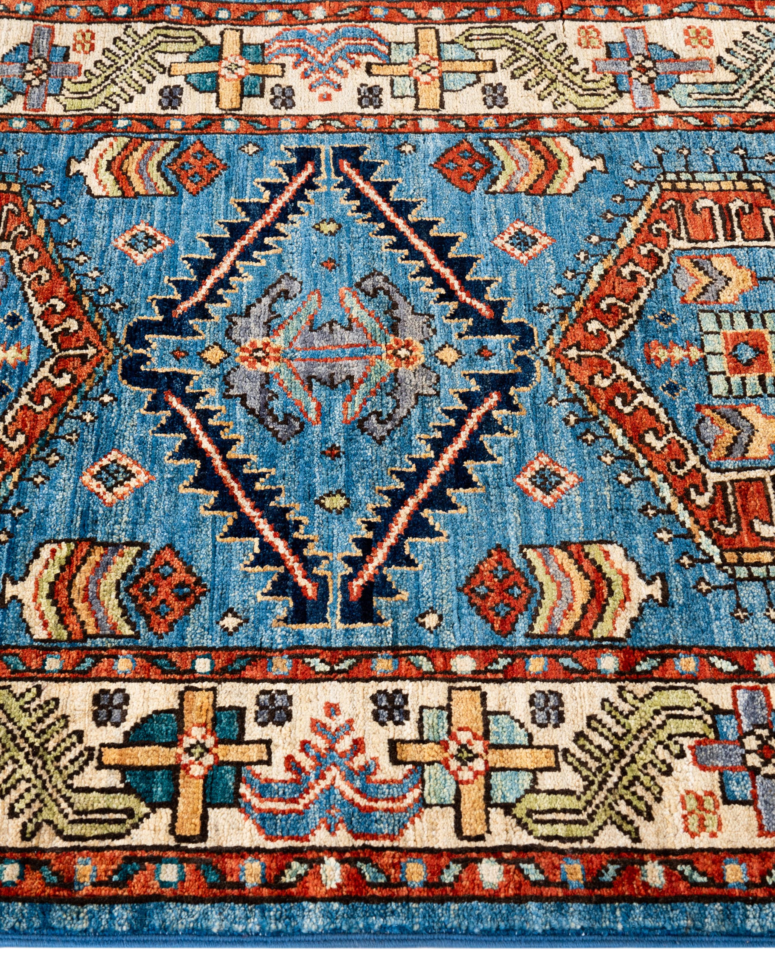 Noué à la main Tapis traditionnel tribal Serapi bleu clair noué à la main 2' 9