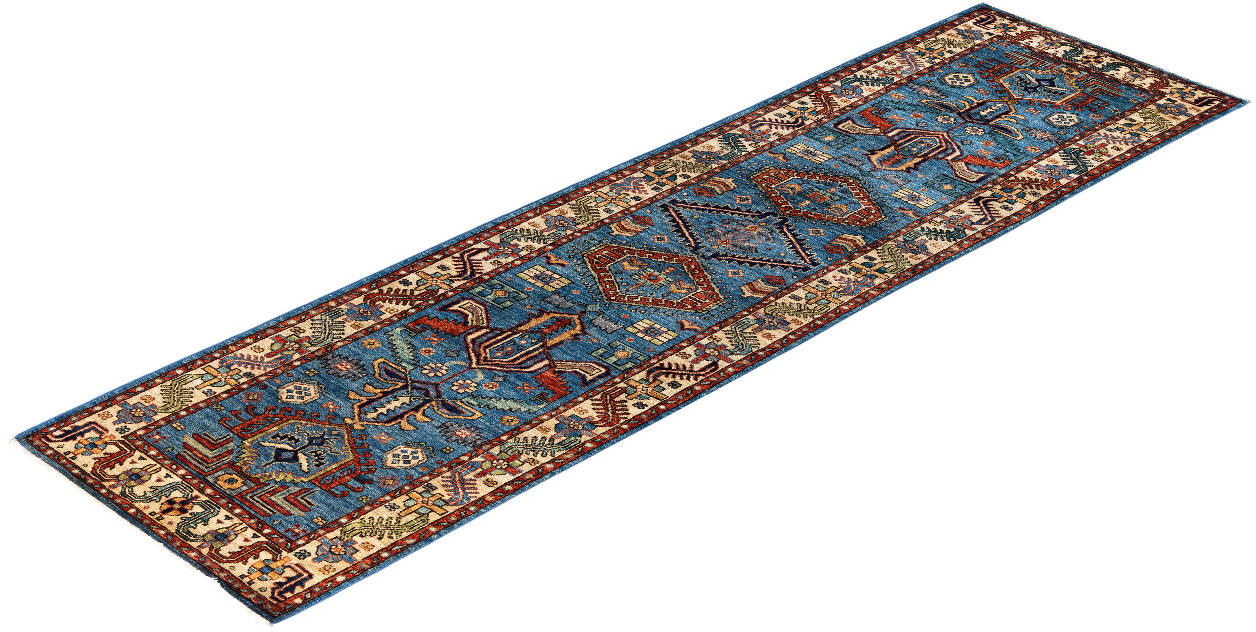 Tapis traditionnel tribal Serapi bleu clair noué à la main 2' 9