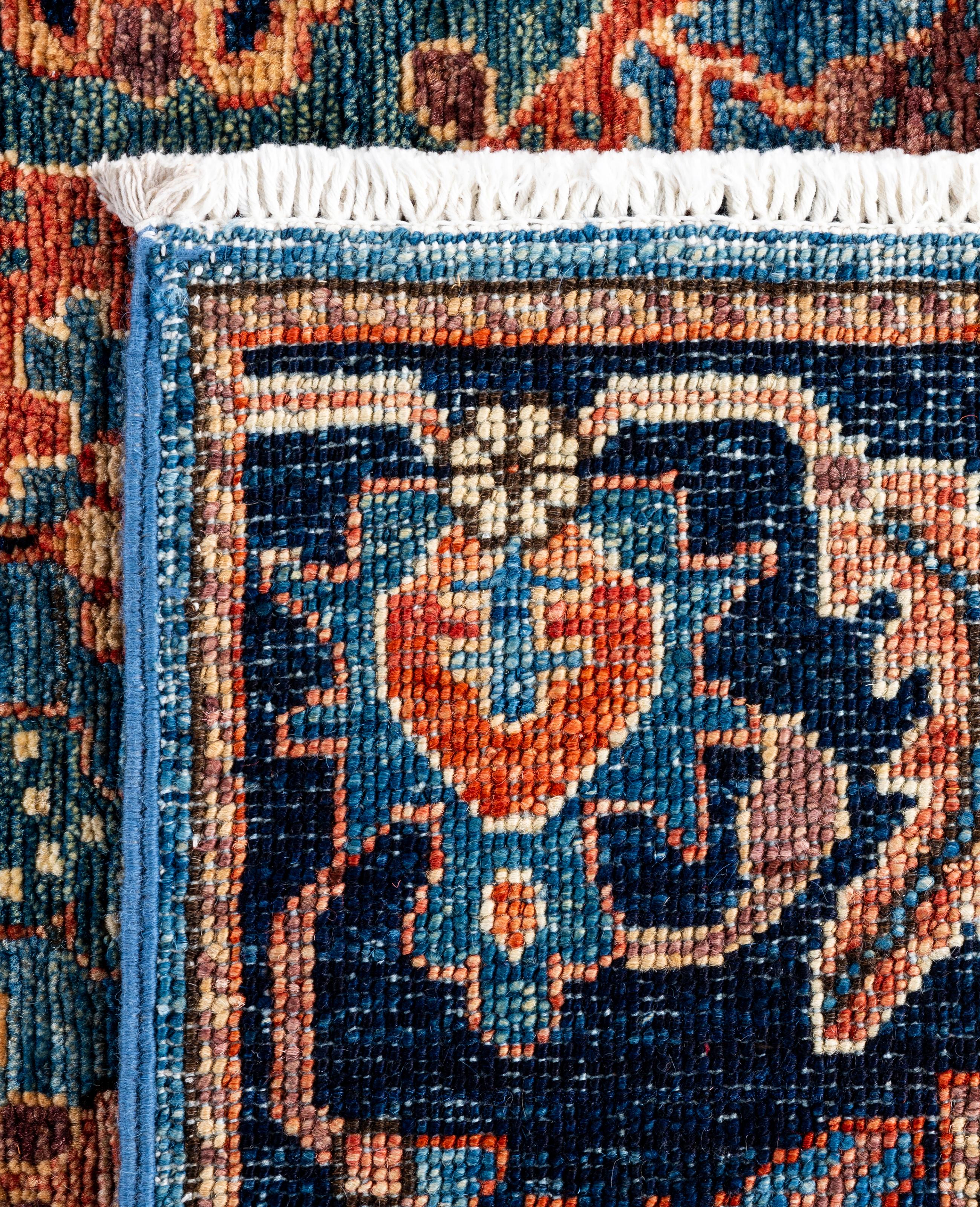 Tapis traditionnel tribal Serapi bleu clair noué à la main 3' 0
