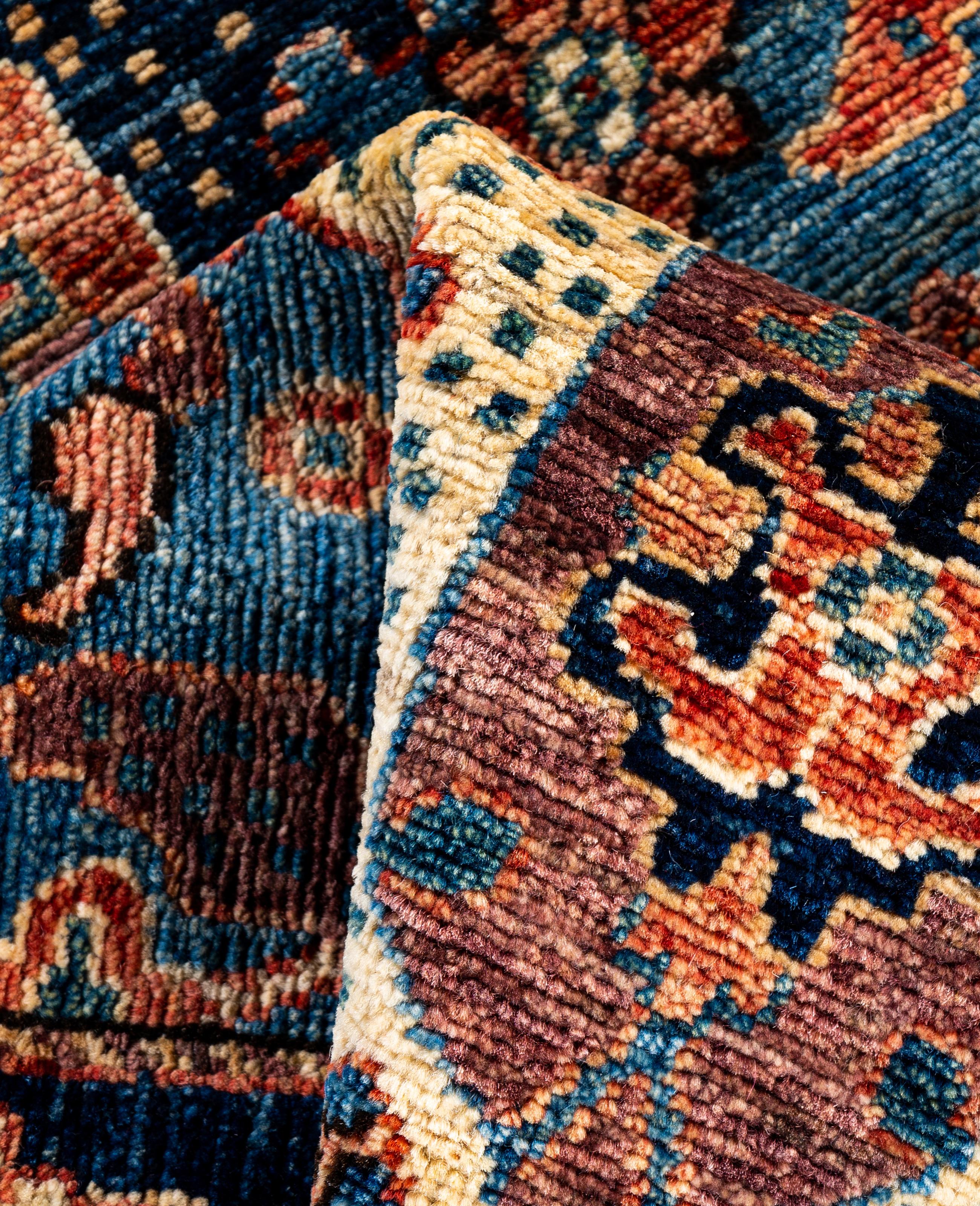 Laine Tapis traditionnel tribal Serapi bleu clair noué à la main 3' 0