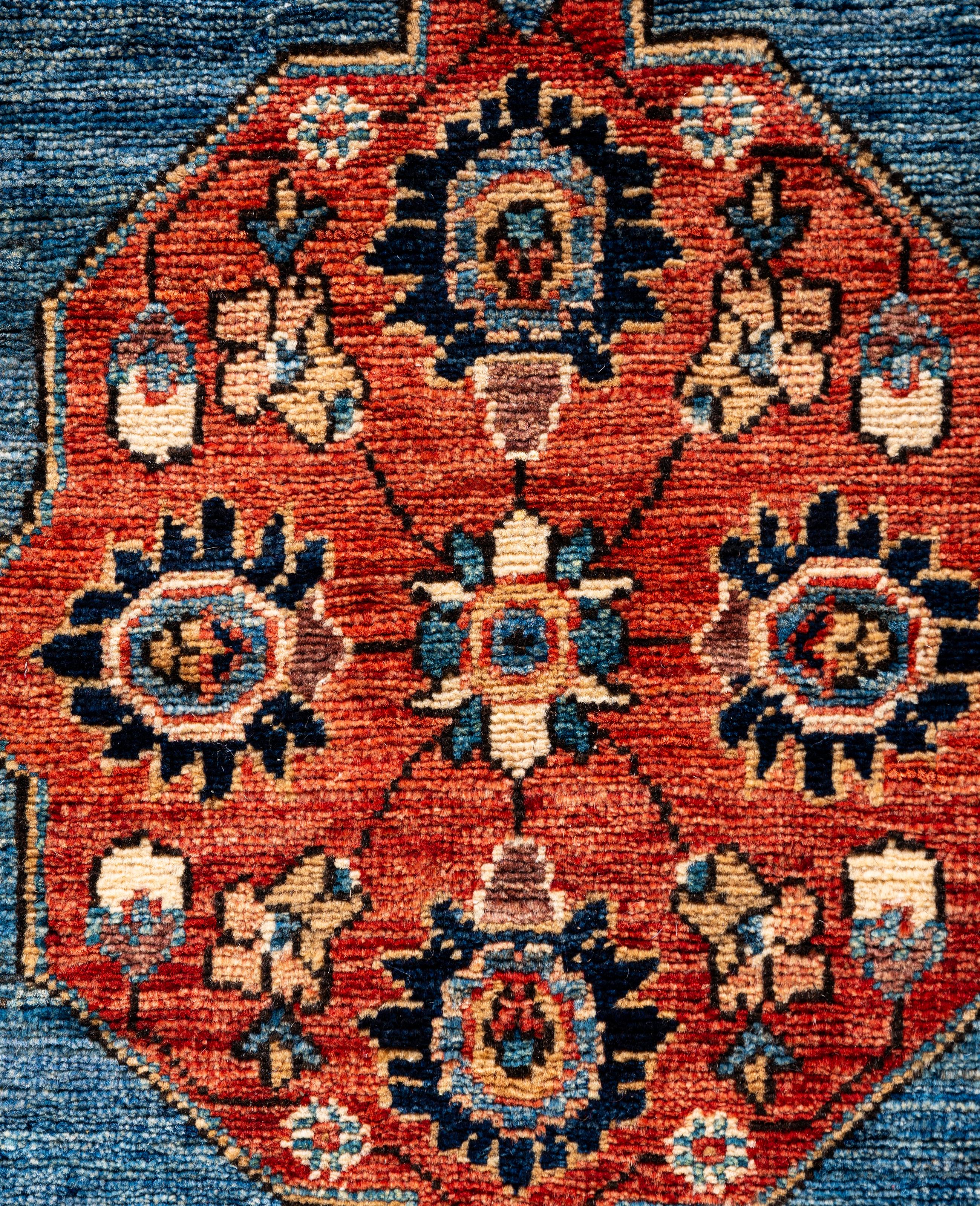 Pakistanais Tapis traditionnel tribal Serapi bleu clair noué à la main 3' 0
