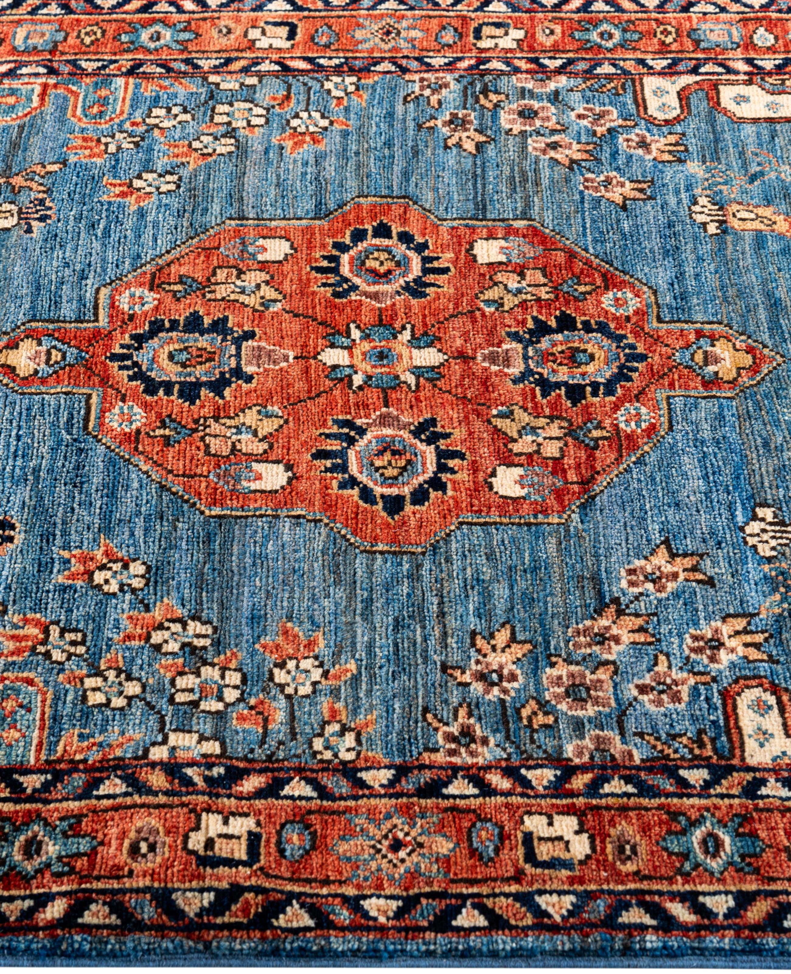 Noué à la main Tapis traditionnel tribal Serapi bleu clair noué à la main 3' 0