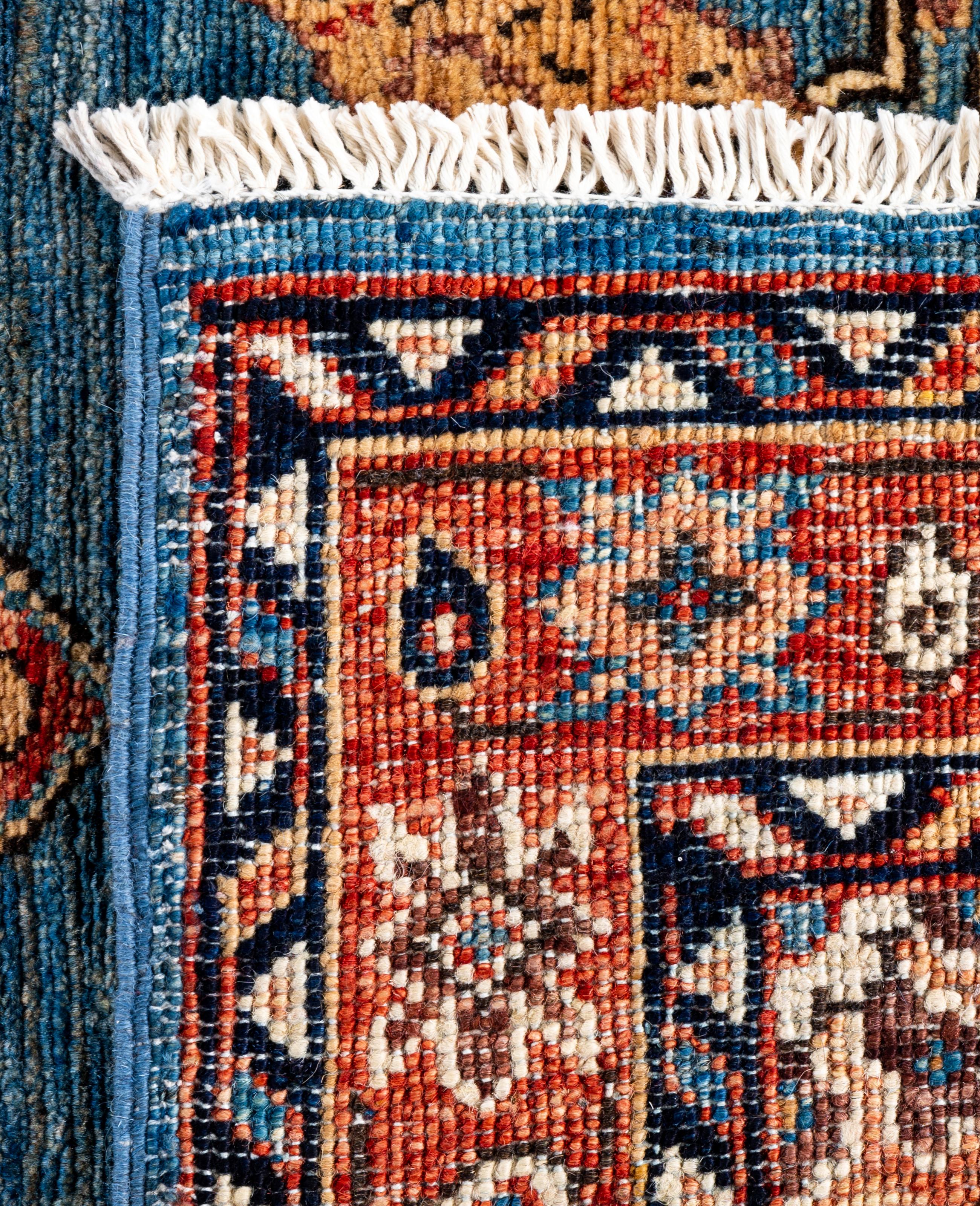Tapis traditionnel tribal Serapi bleu clair noué à la main 3' 0