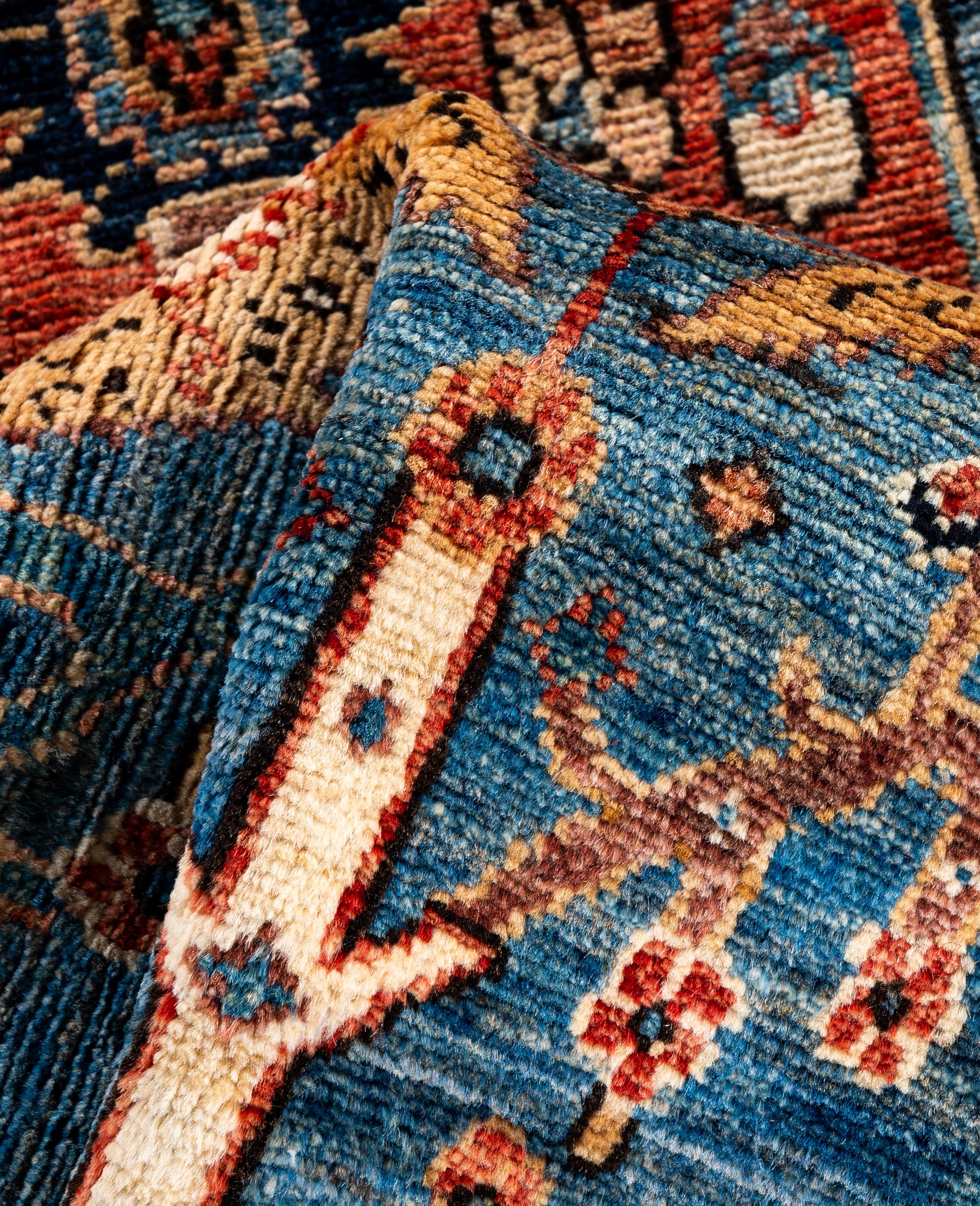 Laine Tapis traditionnel tribal Serapi bleu clair noué à la main 3' 0