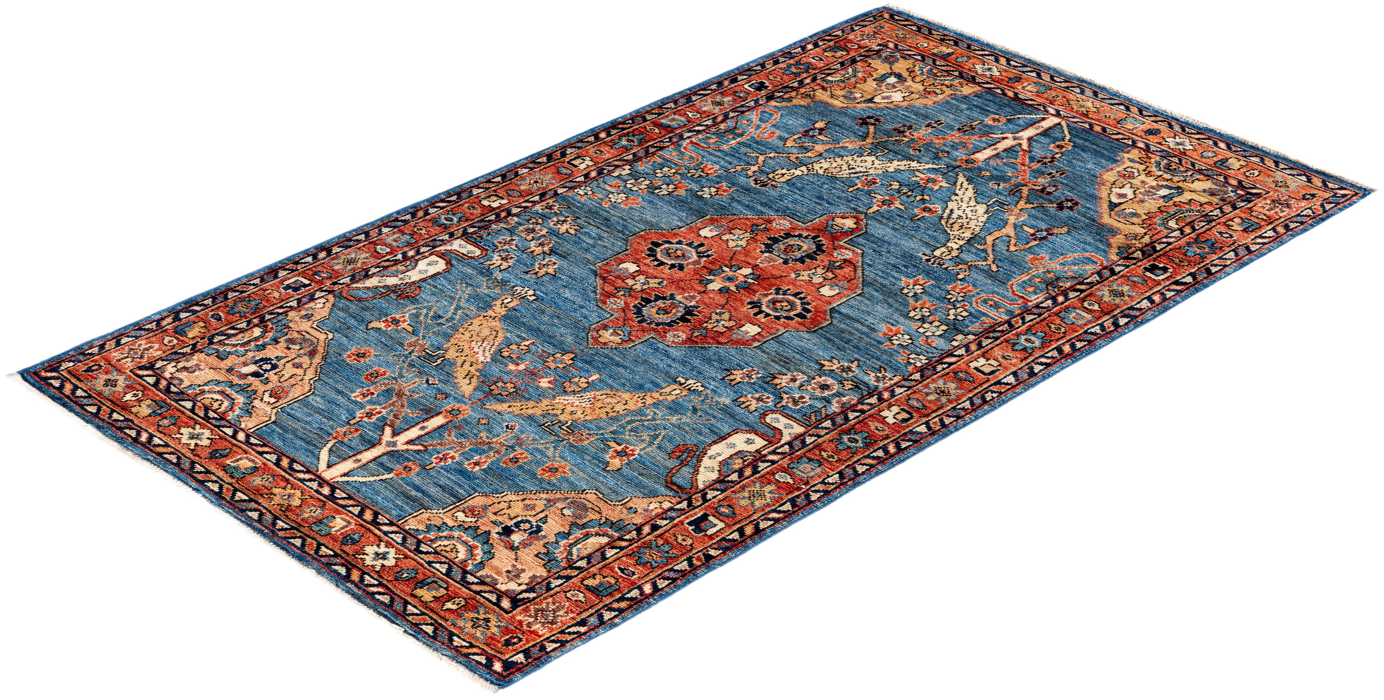 Tapis traditionnel tribal Serapi bleu clair noué à la main 3' 0