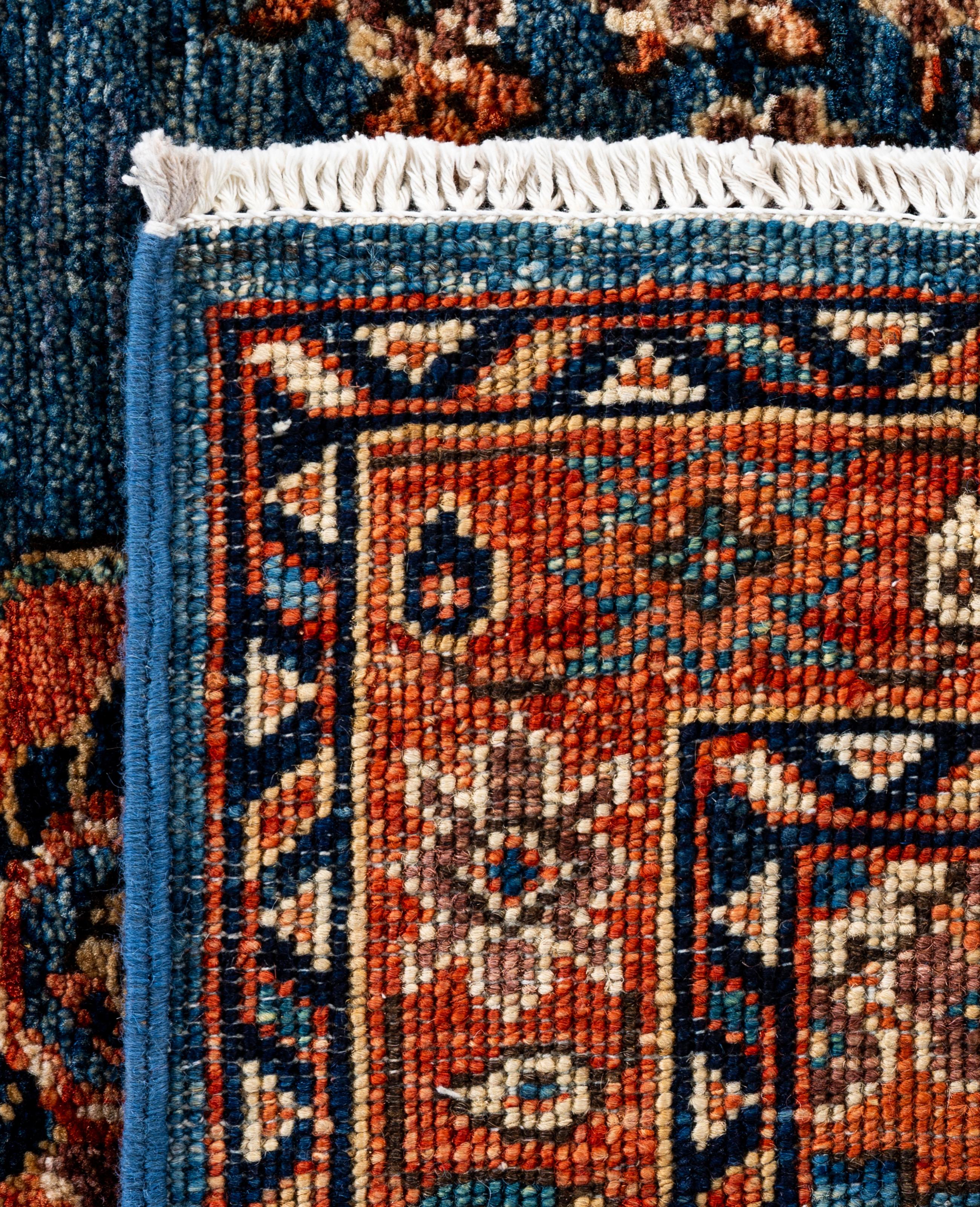 Tapis traditionnel tribal Serapi bleu clair noué à la main 3' 2