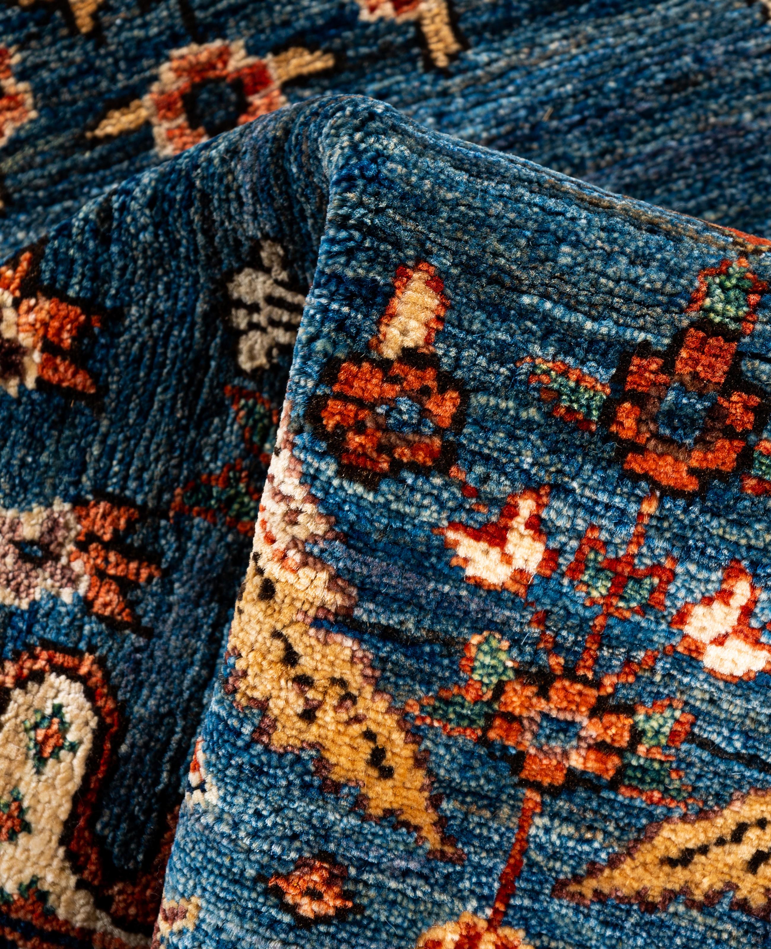 Laine Tapis traditionnel tribal Serapi bleu clair noué à la main 3' 2