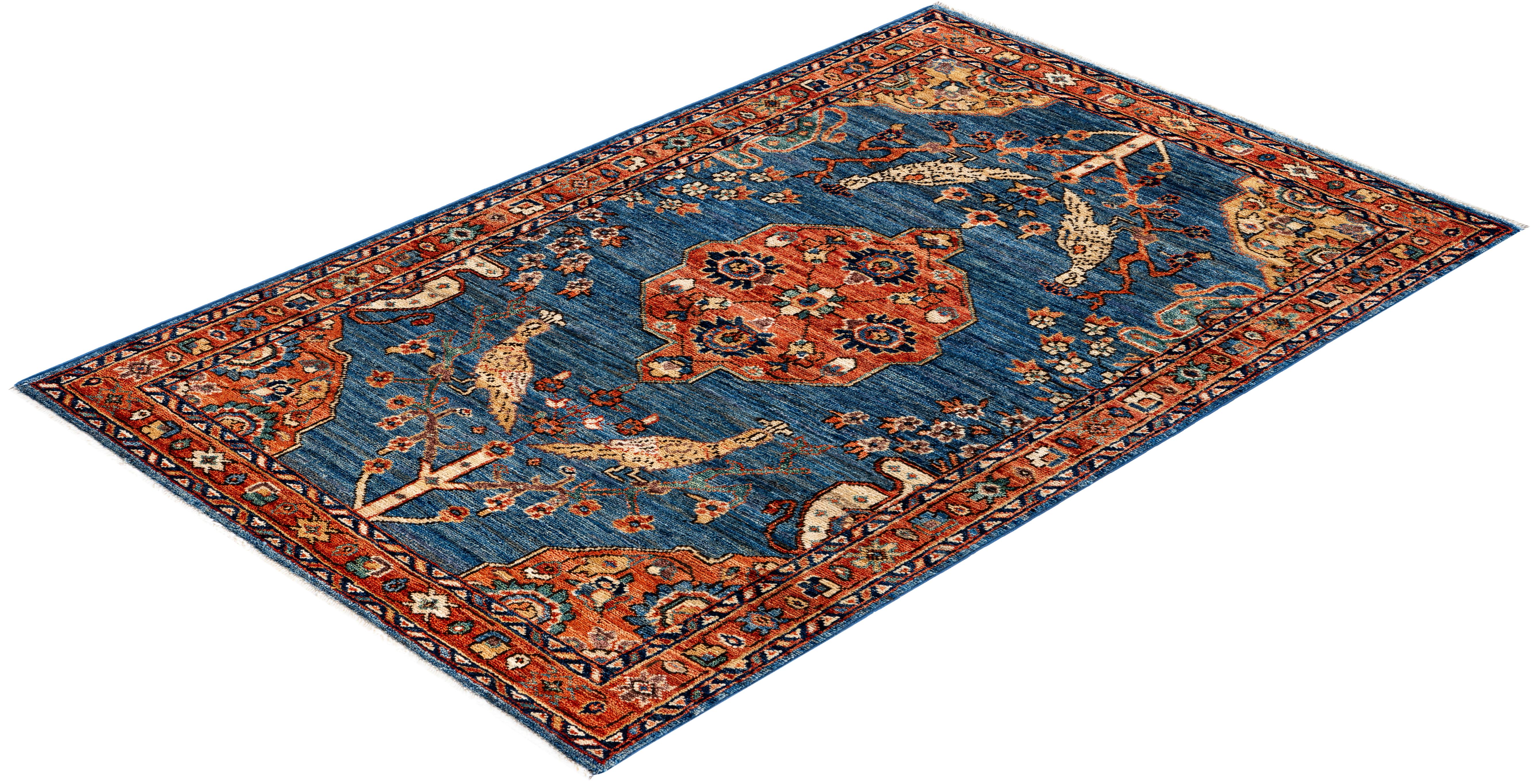 Tapis traditionnel tribal Serapi bleu clair noué à la main 3' 2