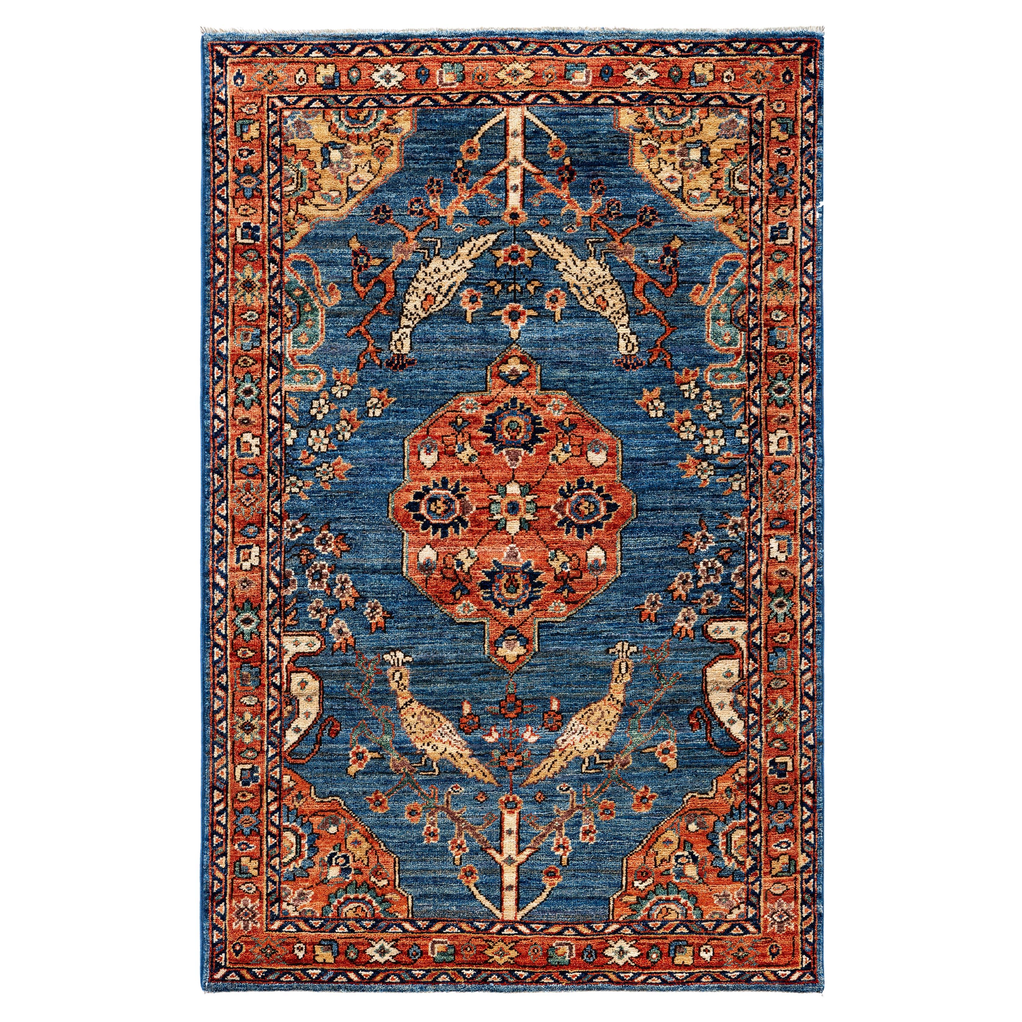 Alfombra Tribal Tradicional Serapi de Lana Anudada a Mano Azul Claro 3' 2" x 4' 10