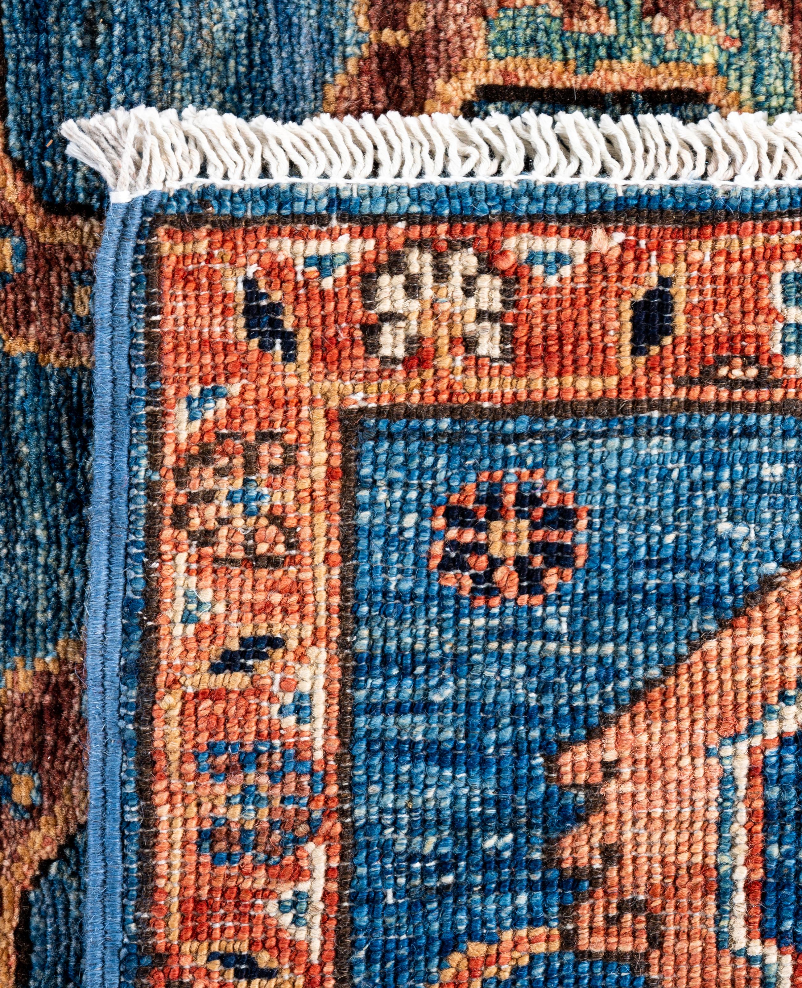 Tapis traditionnel tribal Serapi bleu clair noué à la main 3' 2