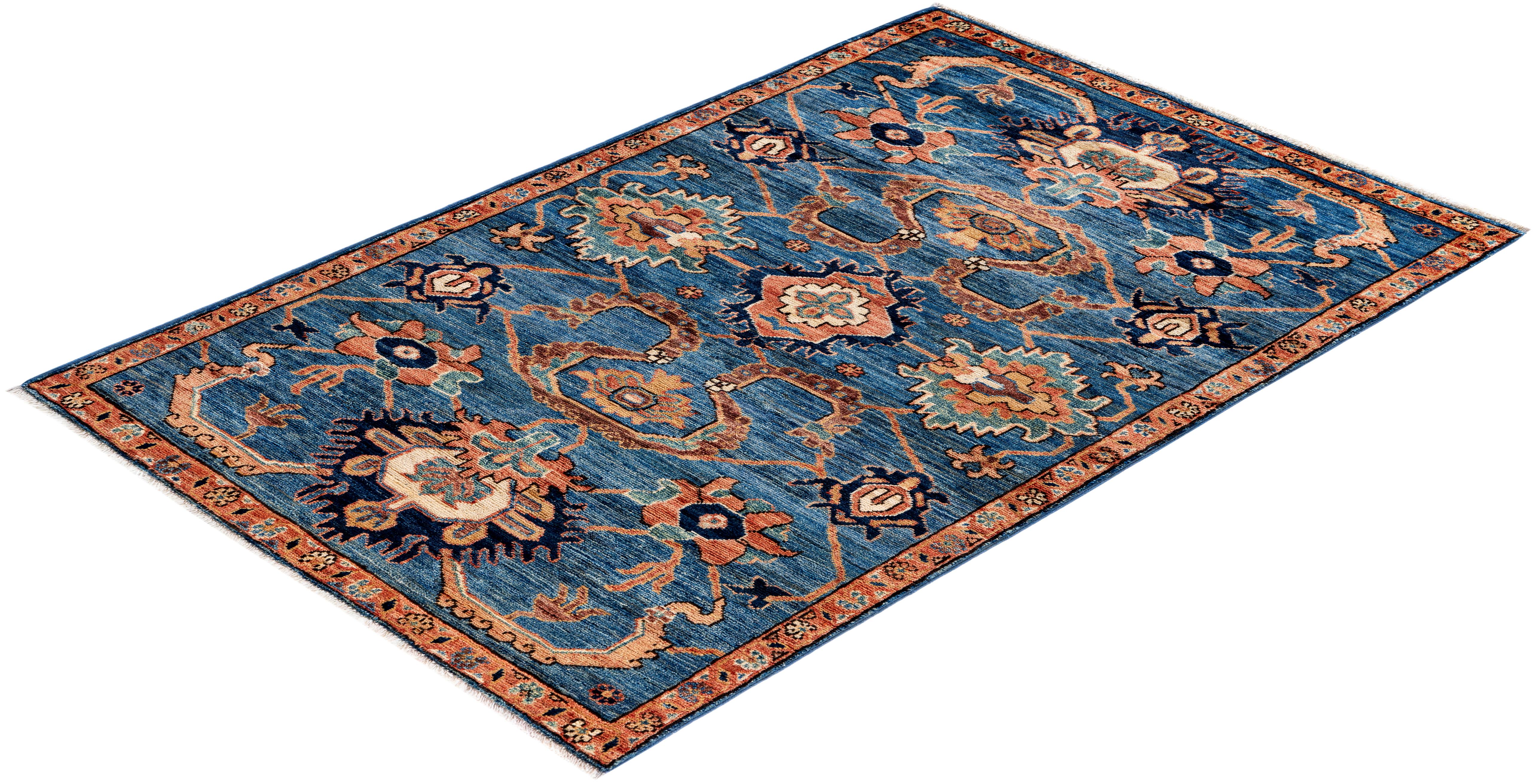 Tapis traditionnel tribal Serapi bleu clair noué à la main 3' 2